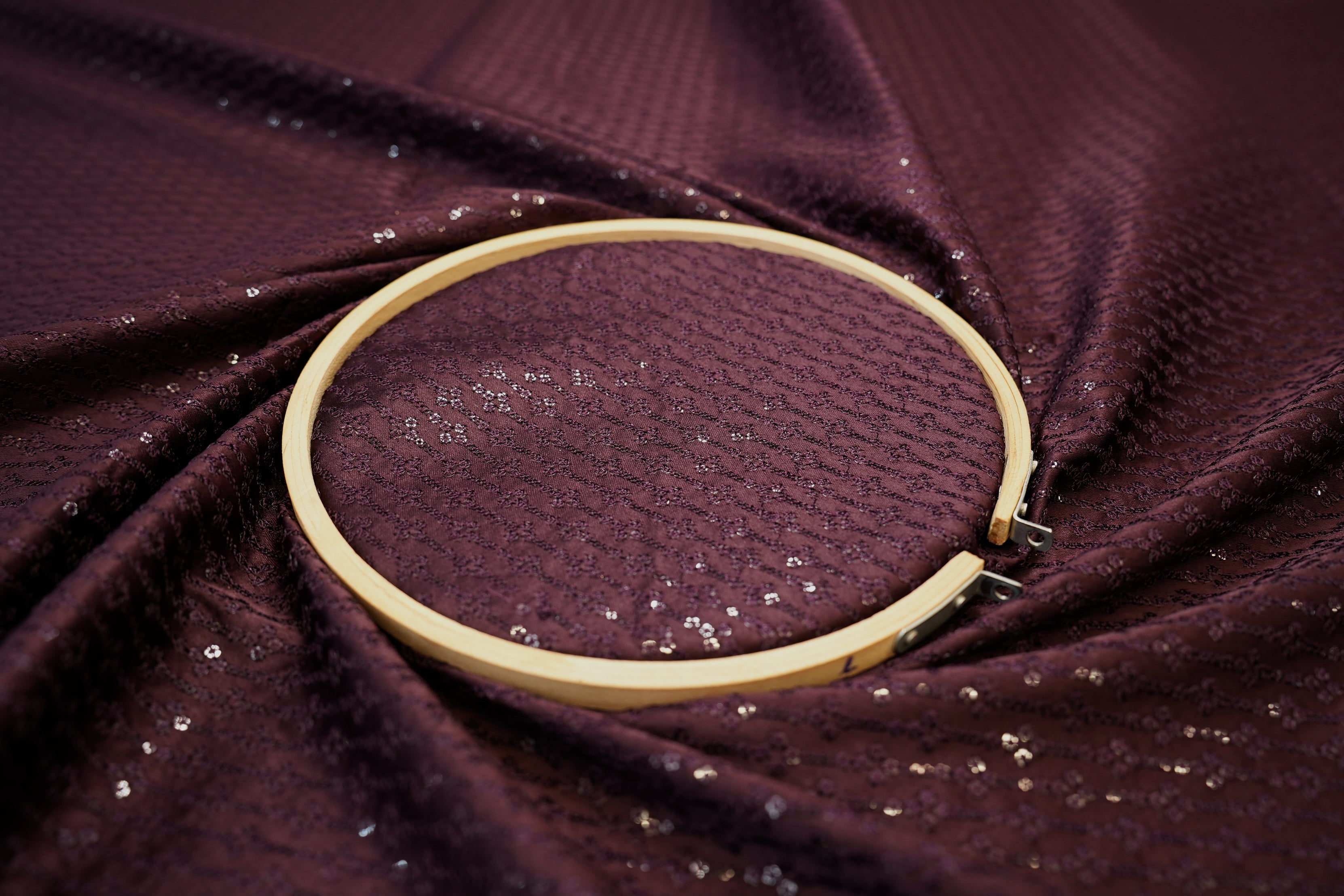 Wine Satin Silk with Geometric Threadwork and Glitter Sequins