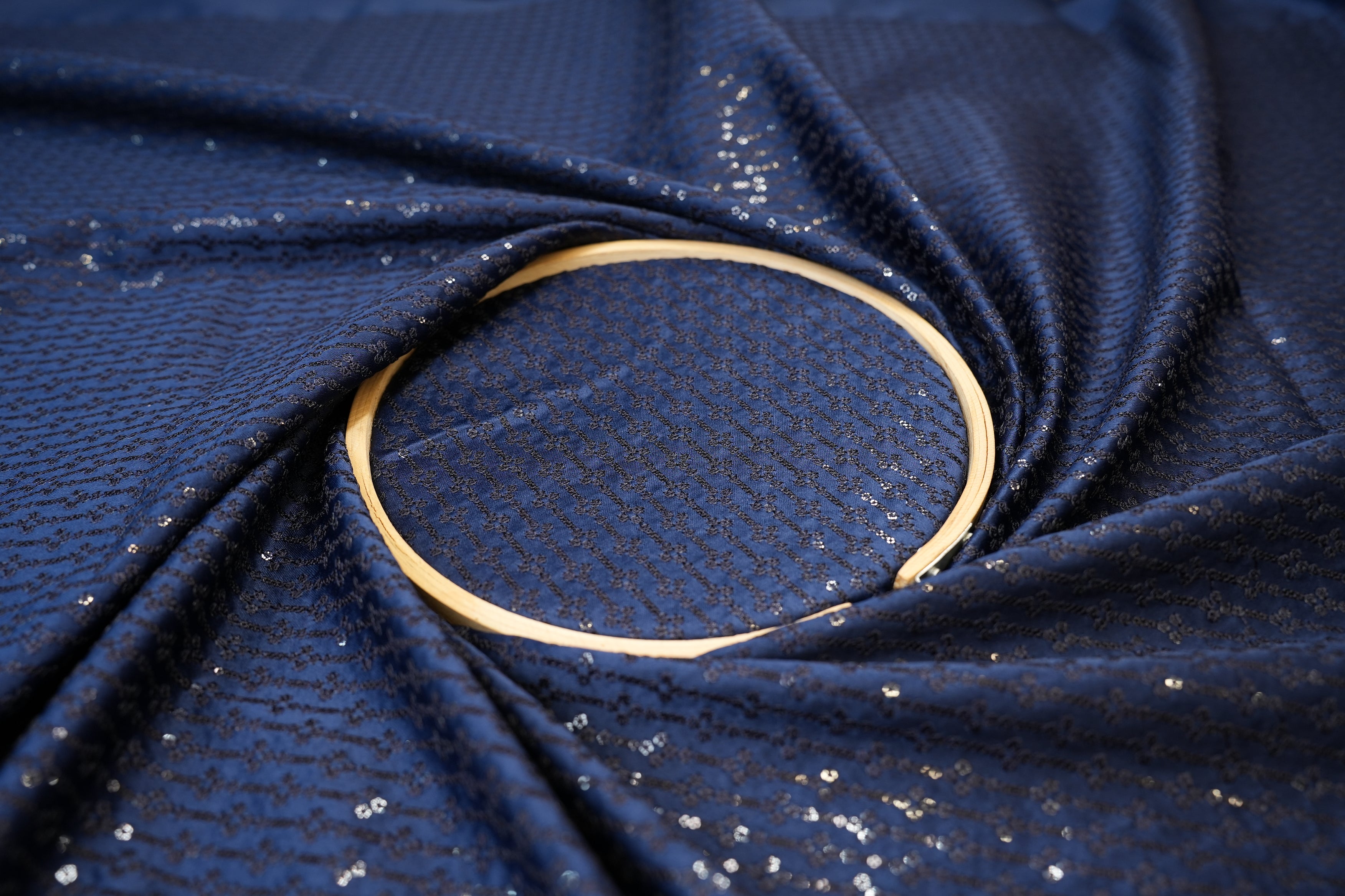 Navy Blue Satin Silk with Thread Work & Sequins Abstract Elegance