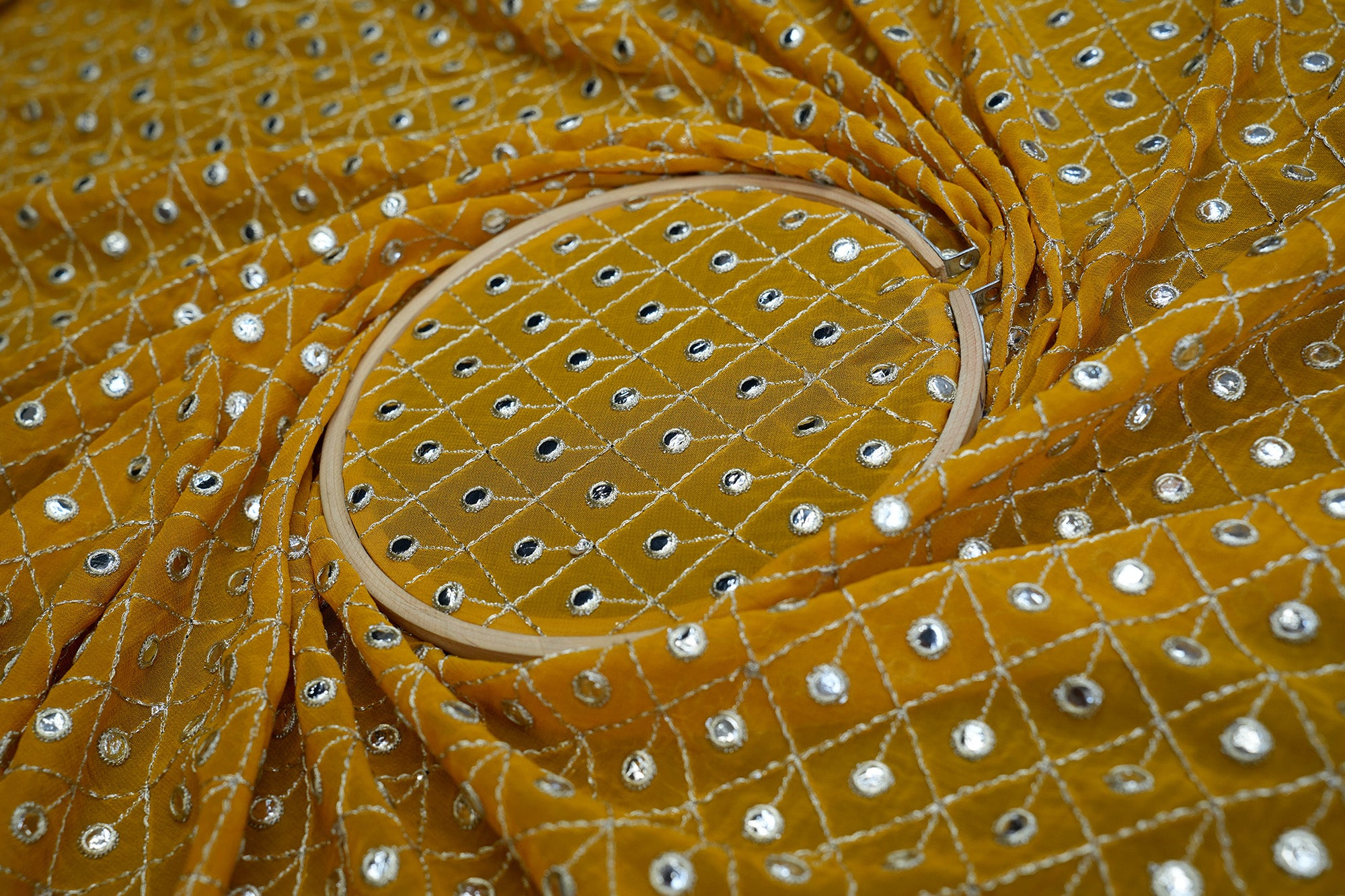 Yellow Georgette with White Threadwork & Faux Mirror Geometric Patterns