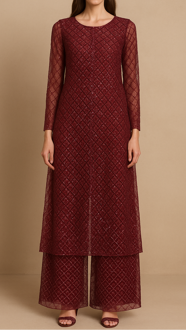 Maroon Imported Net Fabric With All Over Sequins And Bead Work 19399