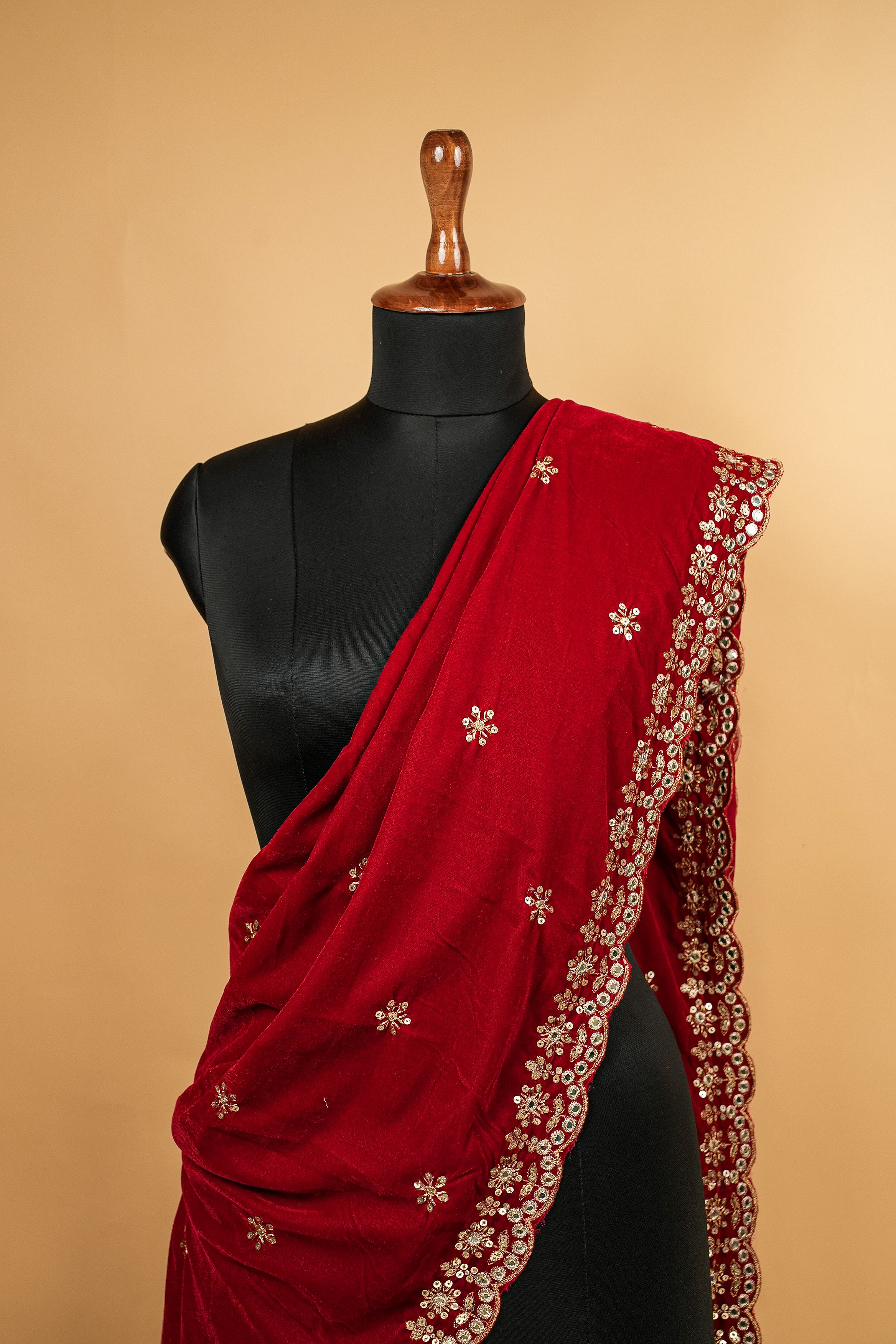 Red Dupatta With Zari,Sequins and Faux Mirror Butti allover with Border