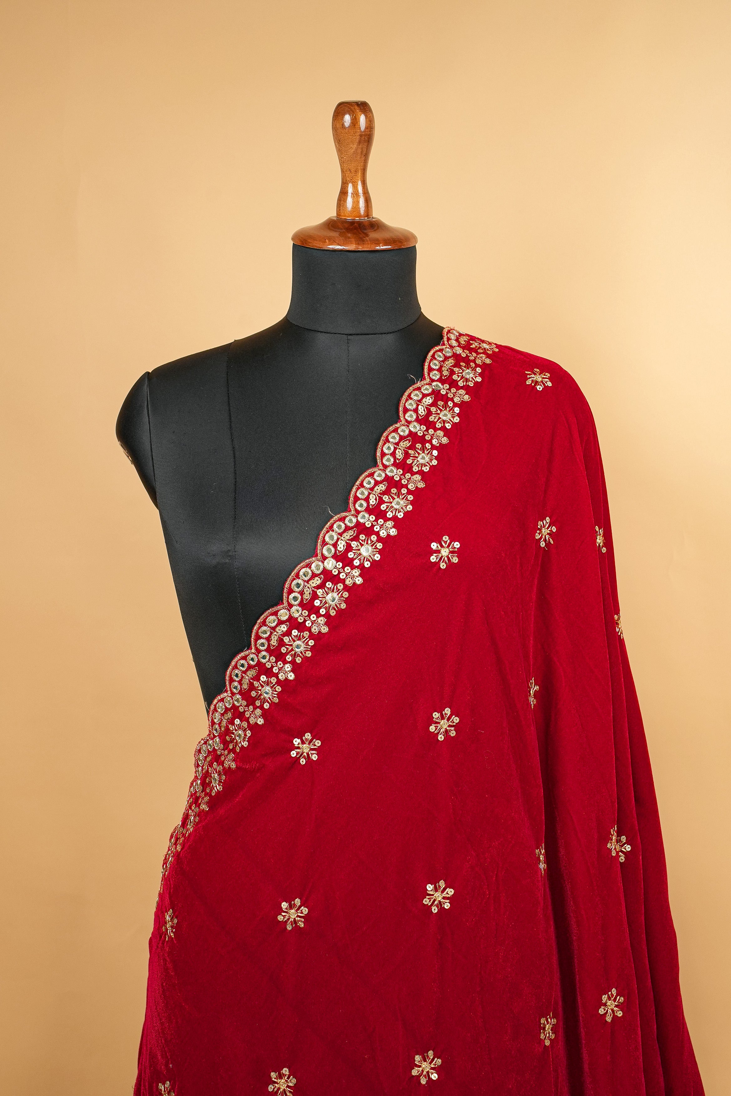 Red Dupatta With Zari,Sequins and Faux Mirror Butti allover with Border