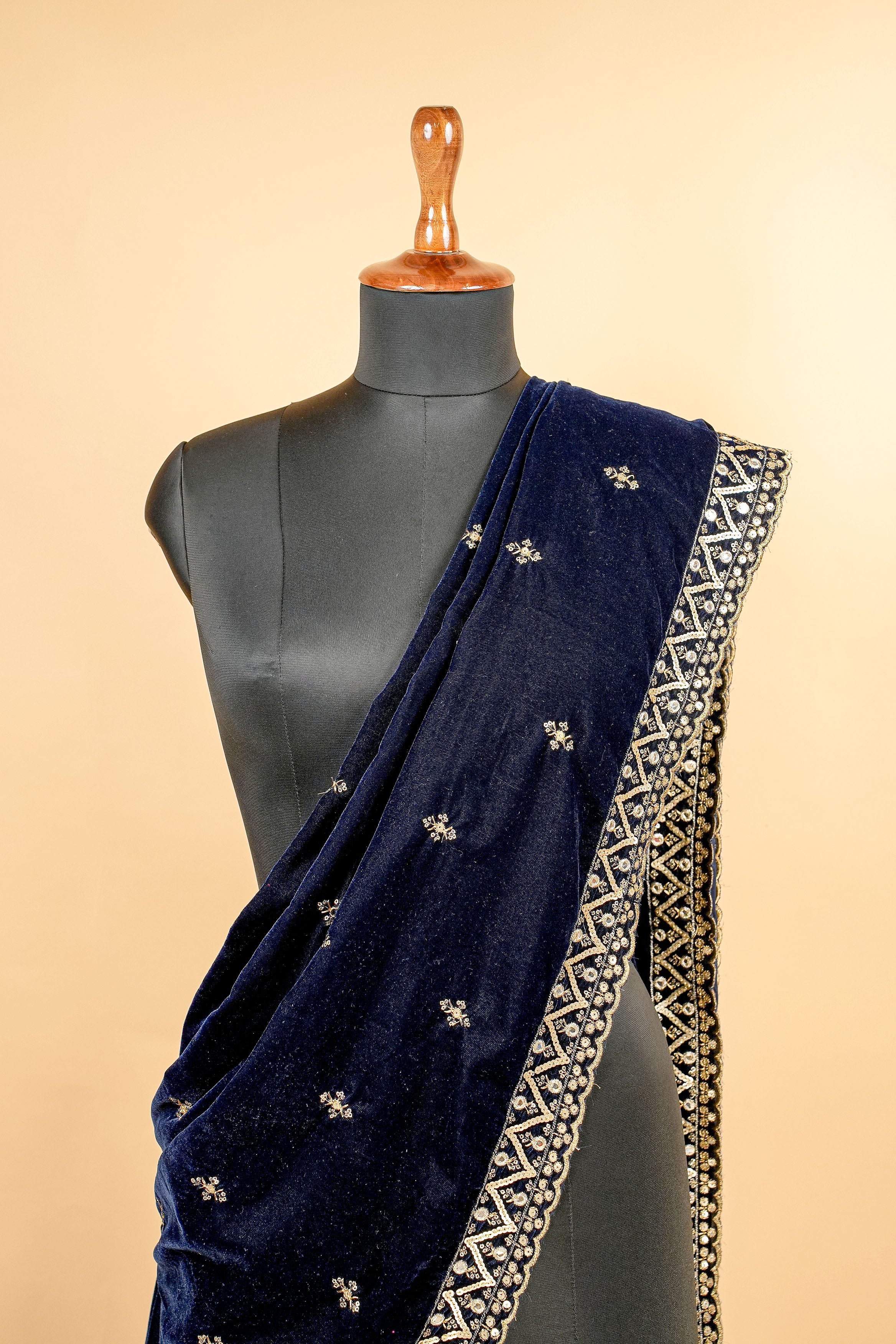 Navy Blue Dupatta With Zari,Sequins and Faux Mirror Butti allover with Border