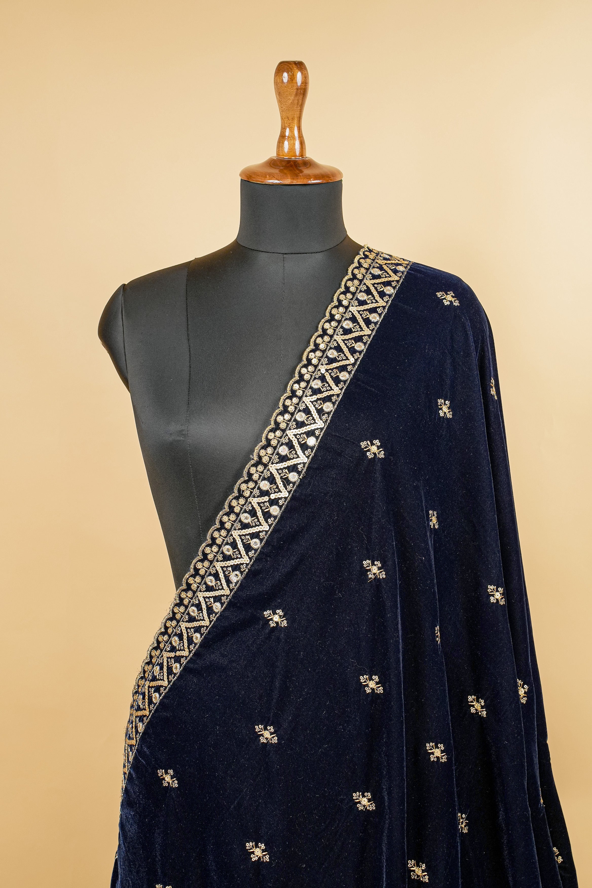 Navy Blue Dupatta With Zari,Sequins and Faux Mirror Butti allover with Border