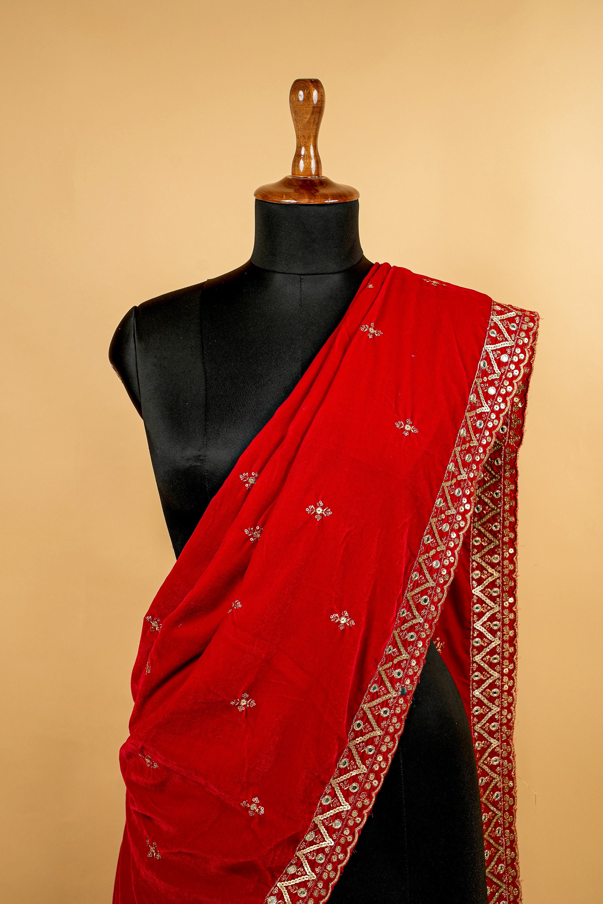 Red Dupatta With Zari,Sequins and Faux Mirror Butti allover with Border