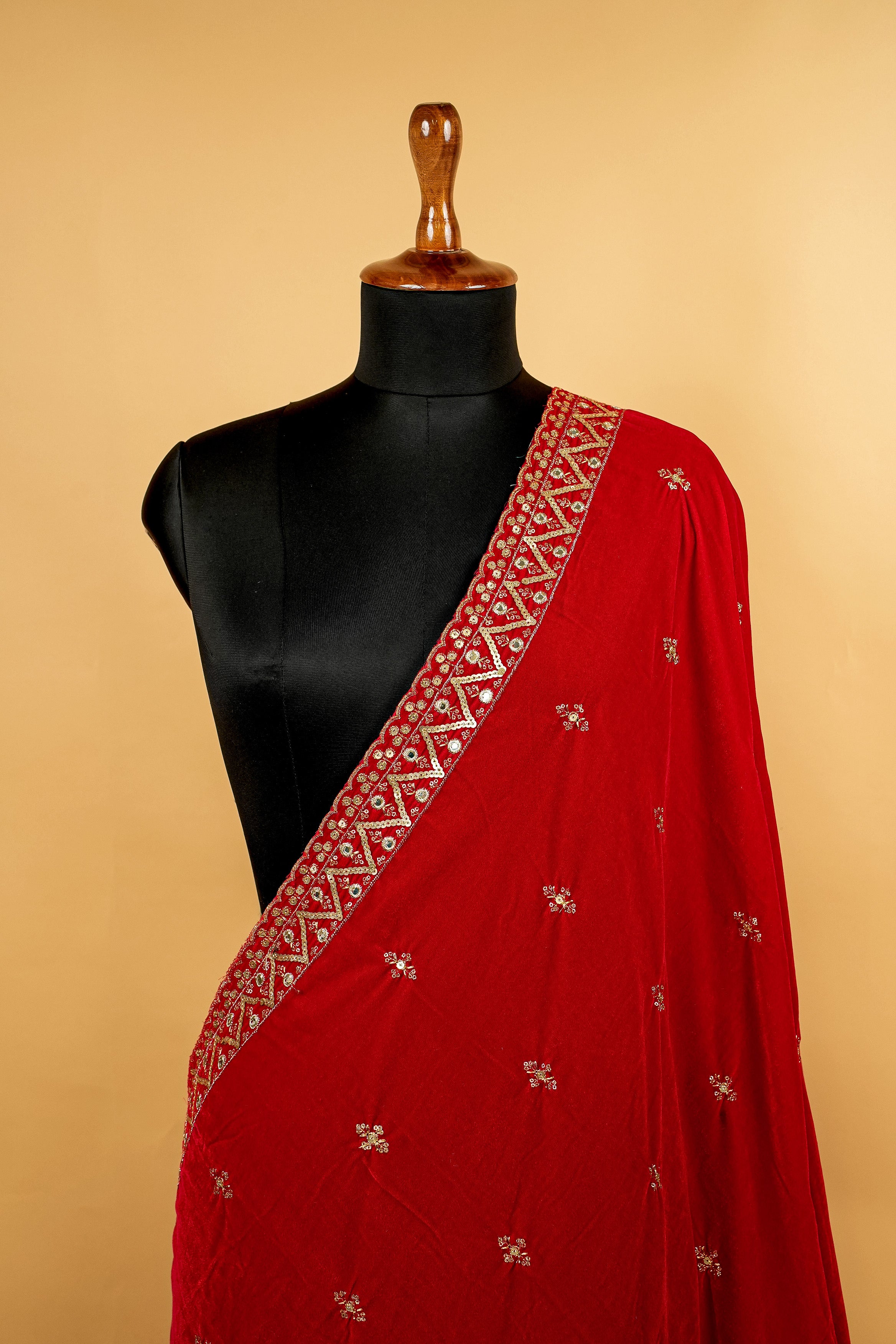 Red Dupatta With Zari,Sequins and Faux Mirror Butti allover with Border