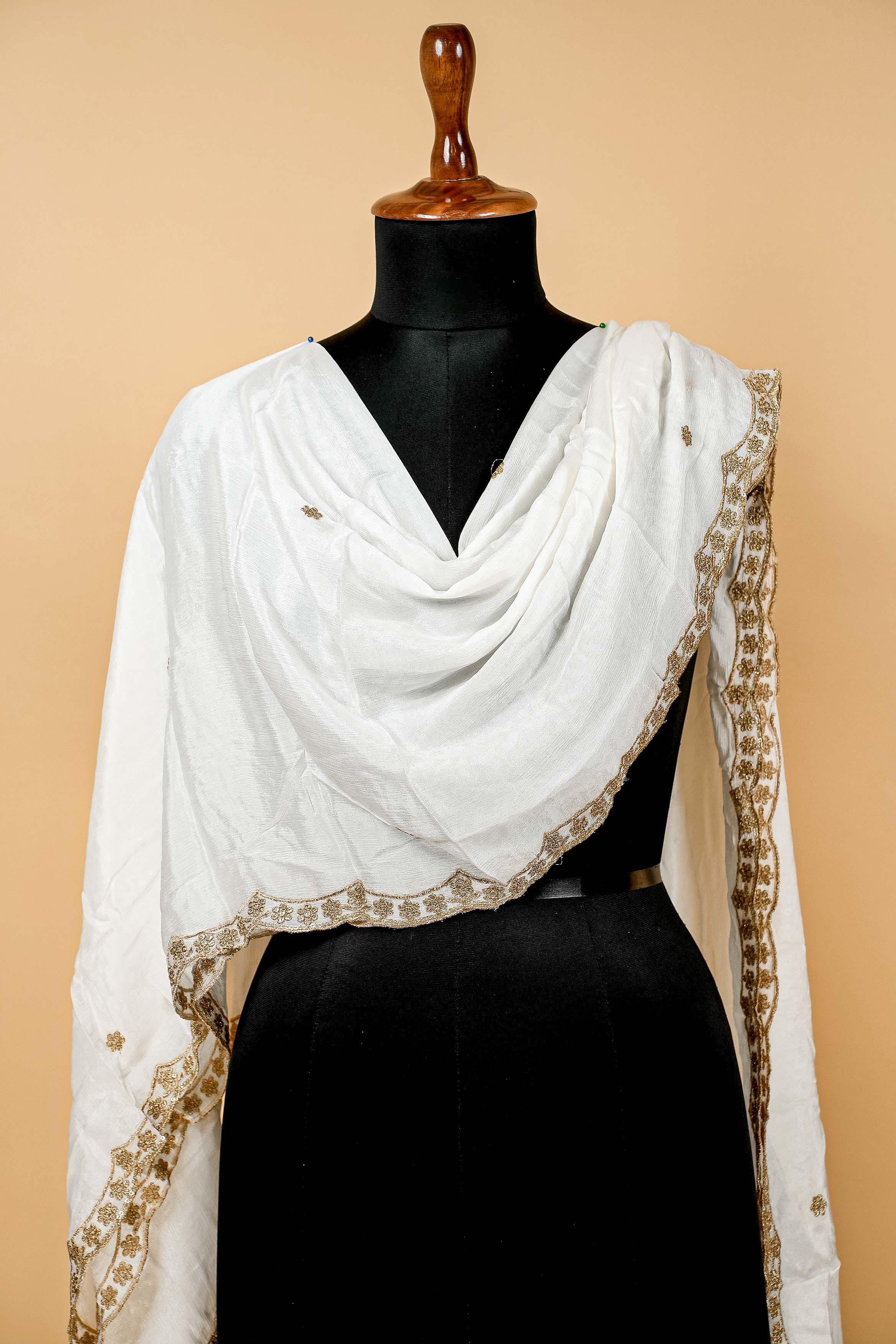 White Dupatta with Zari,sequins,threadwork and Scallop Border