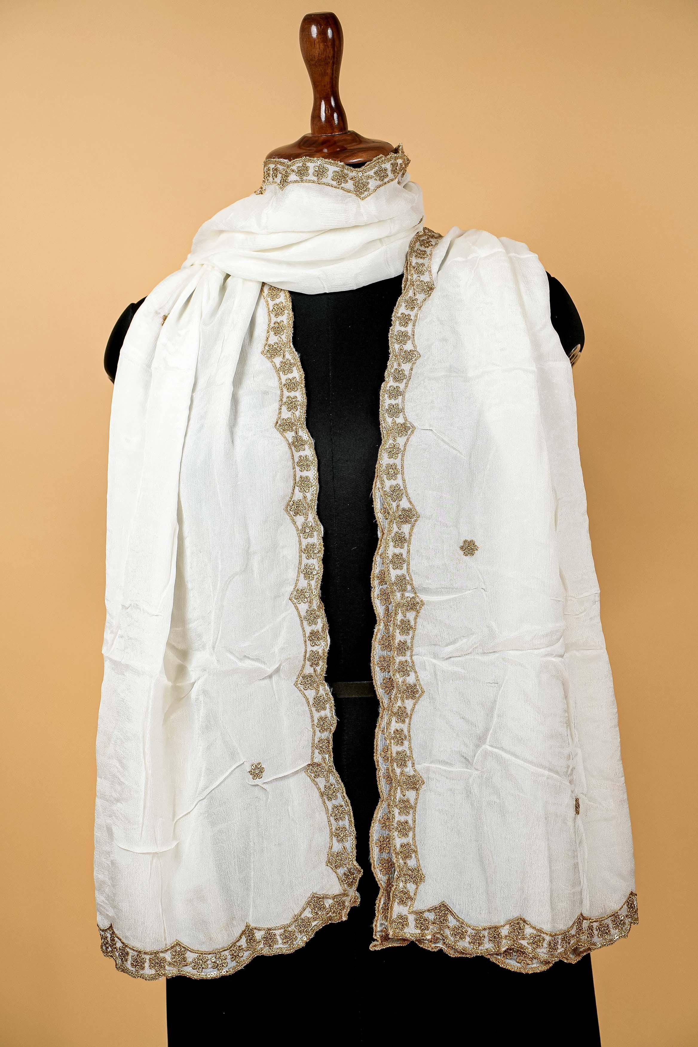 White Dupatta with Zari,sequins,threadwork and Scallop Border