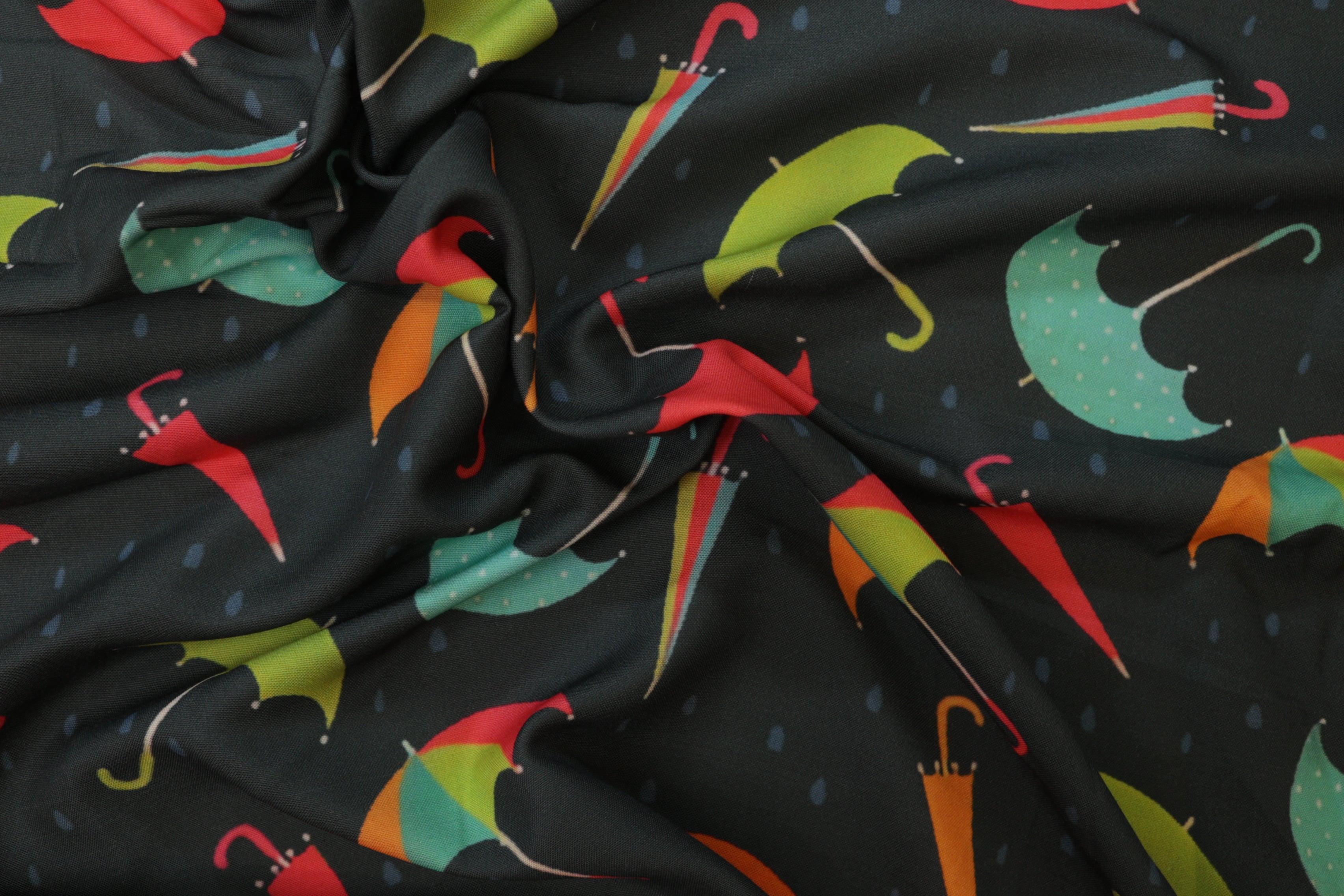 Black Quirky Umbrella Digital Printed Rayon Fabric