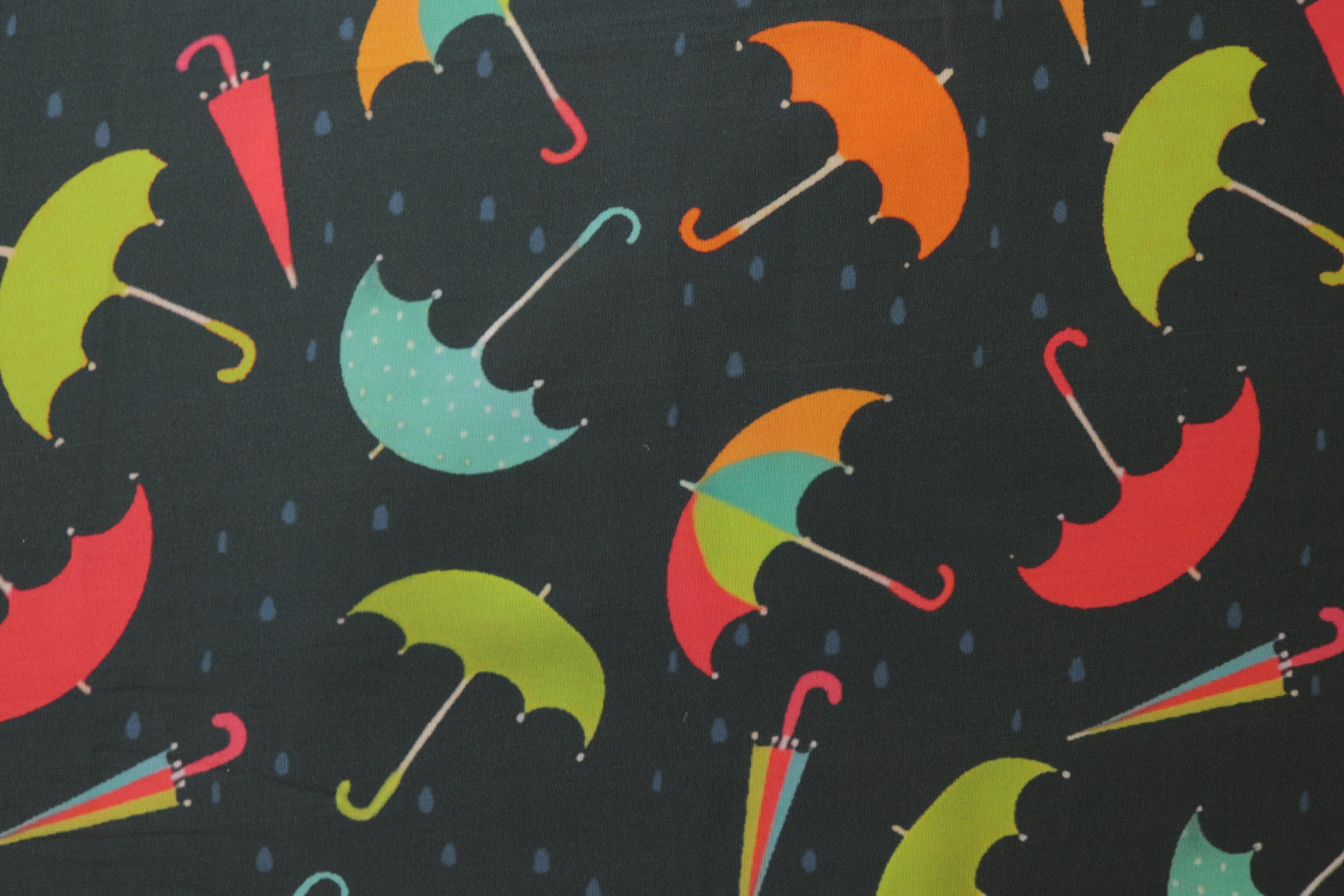 Black Quirky Umbrella Digital Printed Rayon Fabric