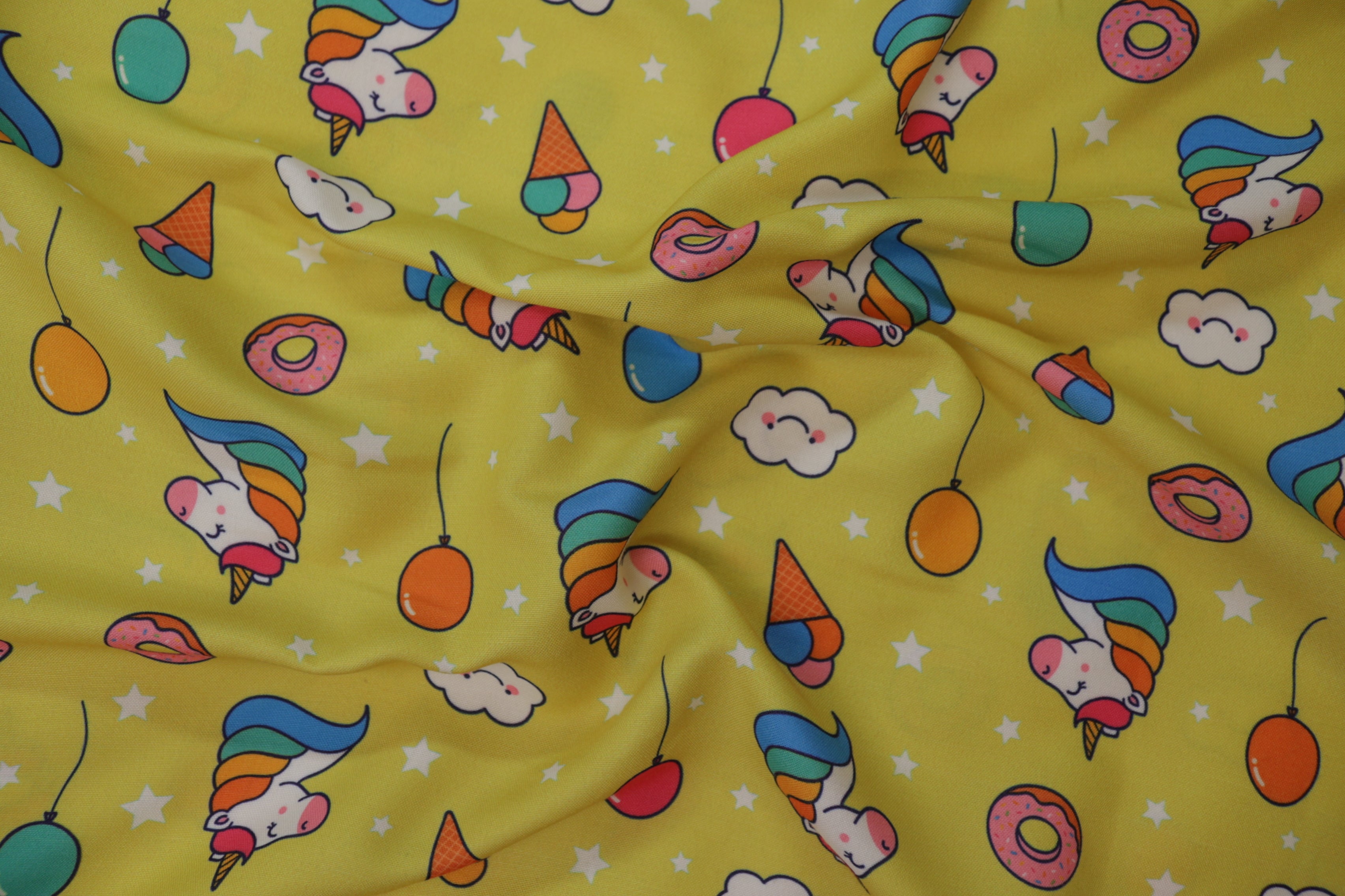 Light Parrot Green Quirky Unicorn Printed Rayon Fabric