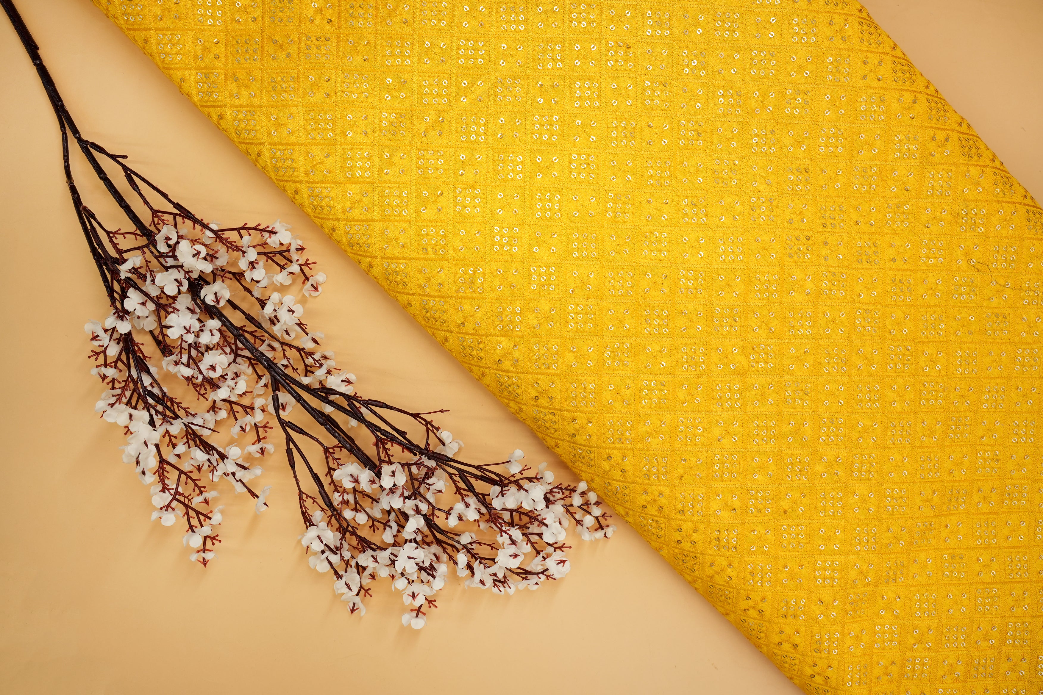 Yellow Silk dupoin with Thread Work & Geometric Sequins