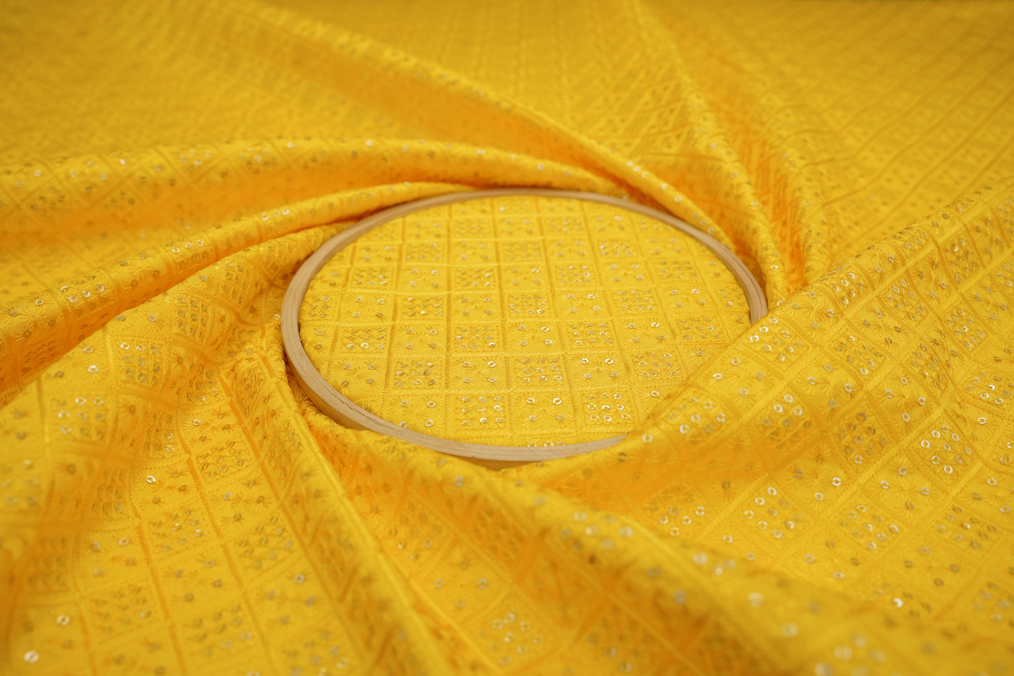 Yellow Silk dupoin with Thread Work & Geometric Sequins