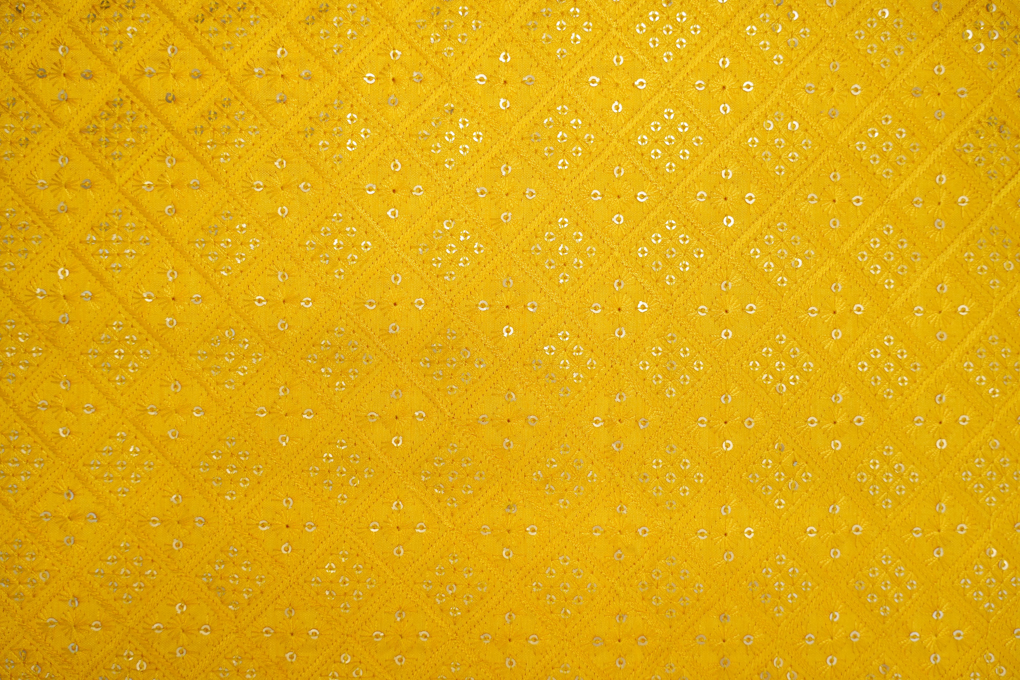 Yellow Silk dupoin with Thread Work & Geometric Sequins