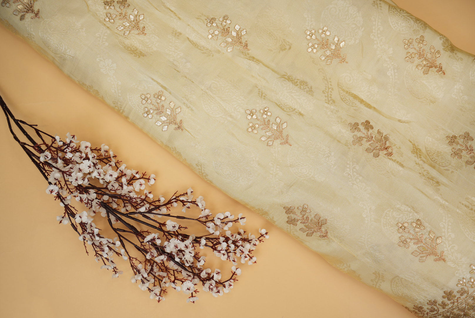 Golden Floral Tissue with Zari & Gota Patti Embroidery