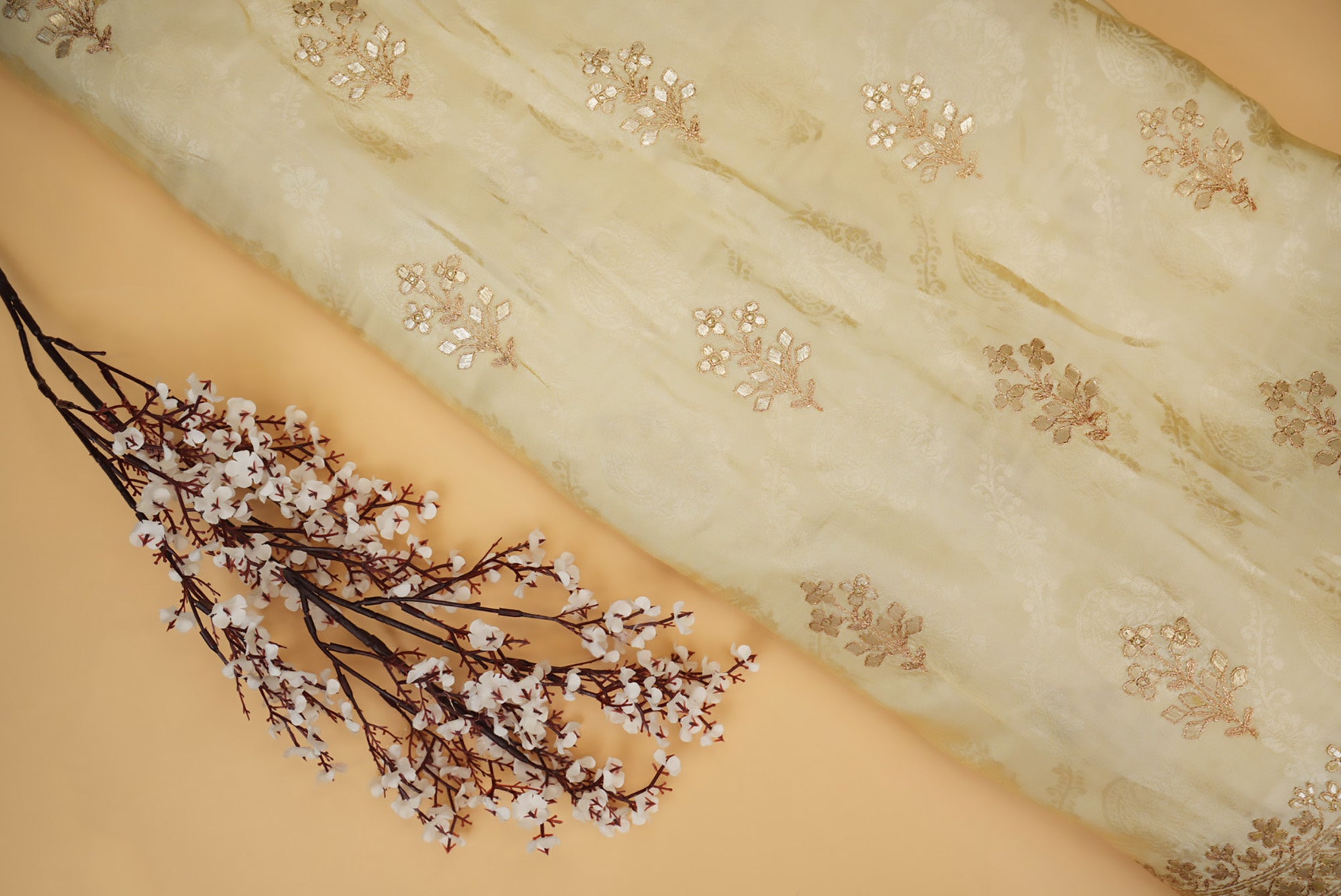 Golden Floral Tissue with Zari & Gota Patti Embroidery