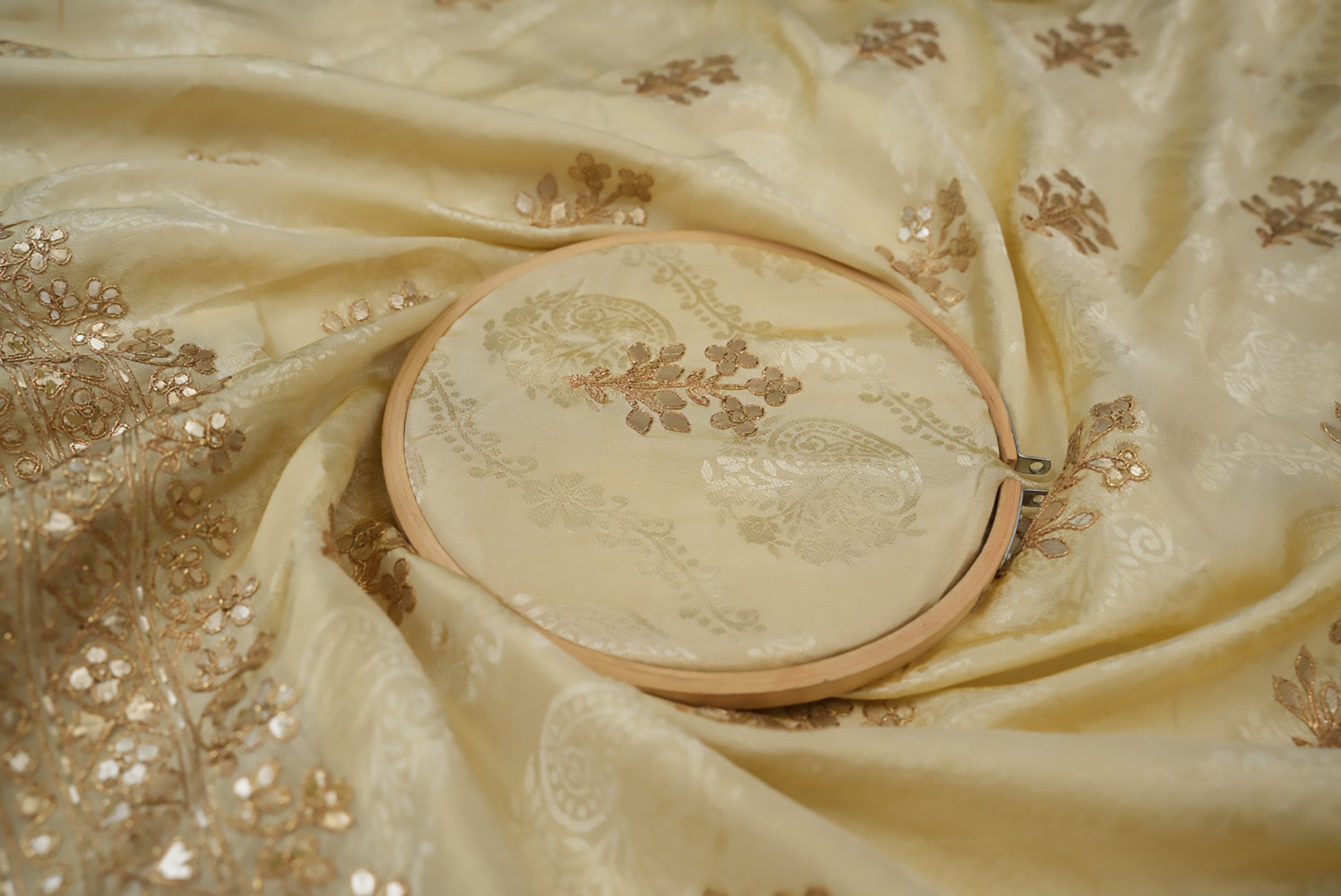 Golden Floral Tissue with Zari & Gota Patti Embroidery