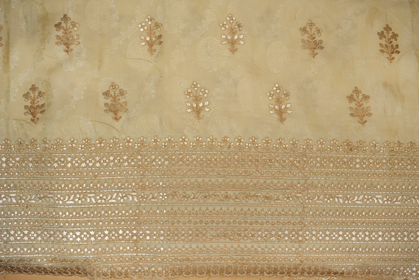 Golden Floral Tissue with Zari & Gota Patti Embroidery