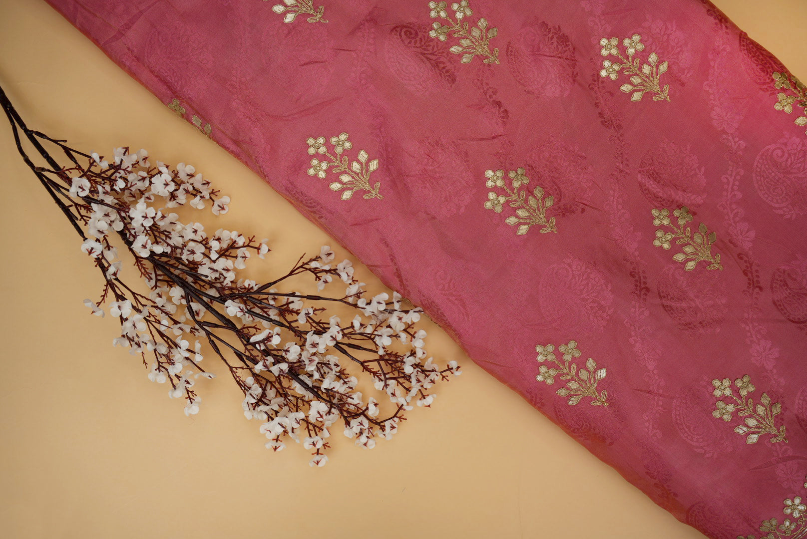 Pink Floral Tissue with Zari & Gota Patti Embroidery