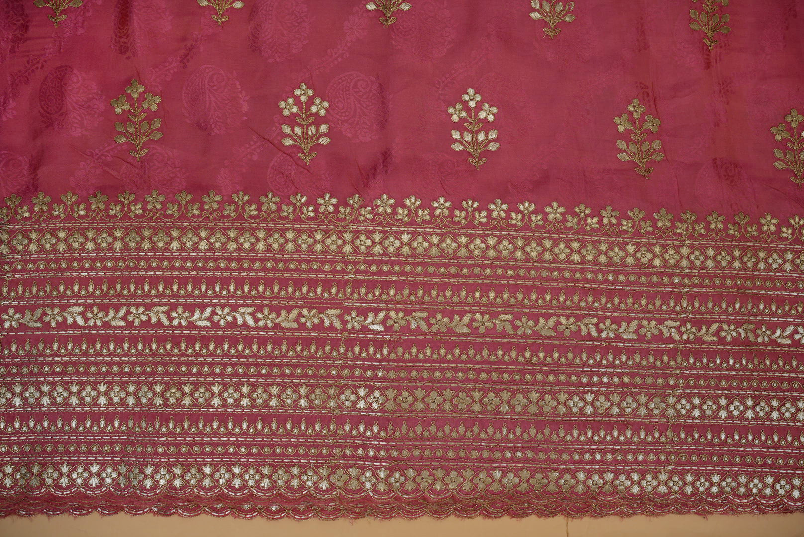 Pink Floral Tissue with Zari &amp; Gota Patti Embroidery