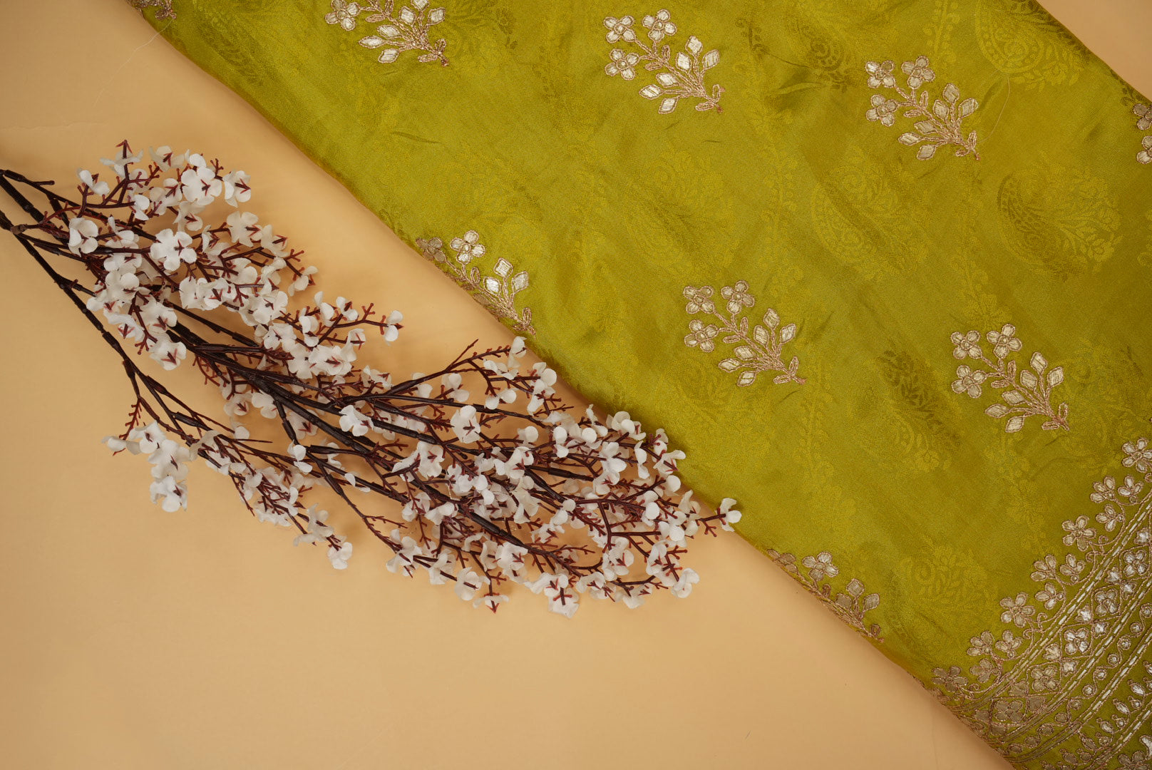 Green Floral Tissue with Zari & Gota Patti Embroidery