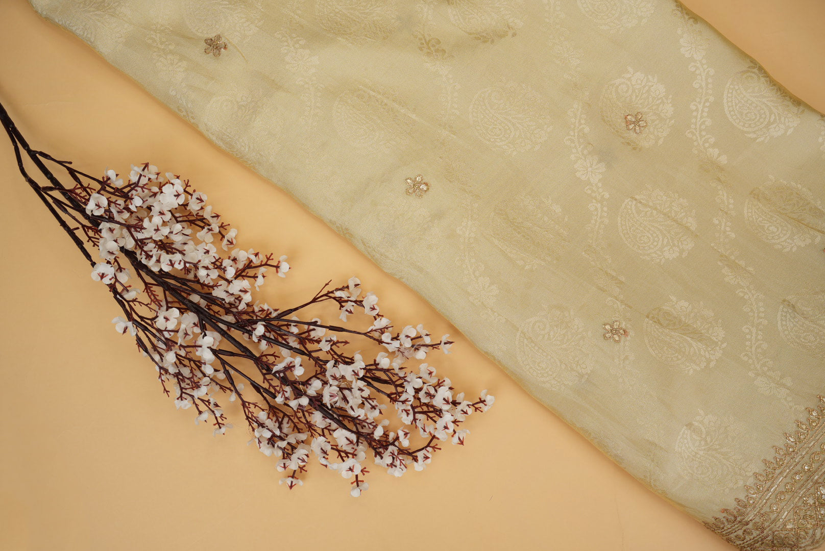 Gleaming Golden Floral Tissue with Zari Threadwork & Gota Patti