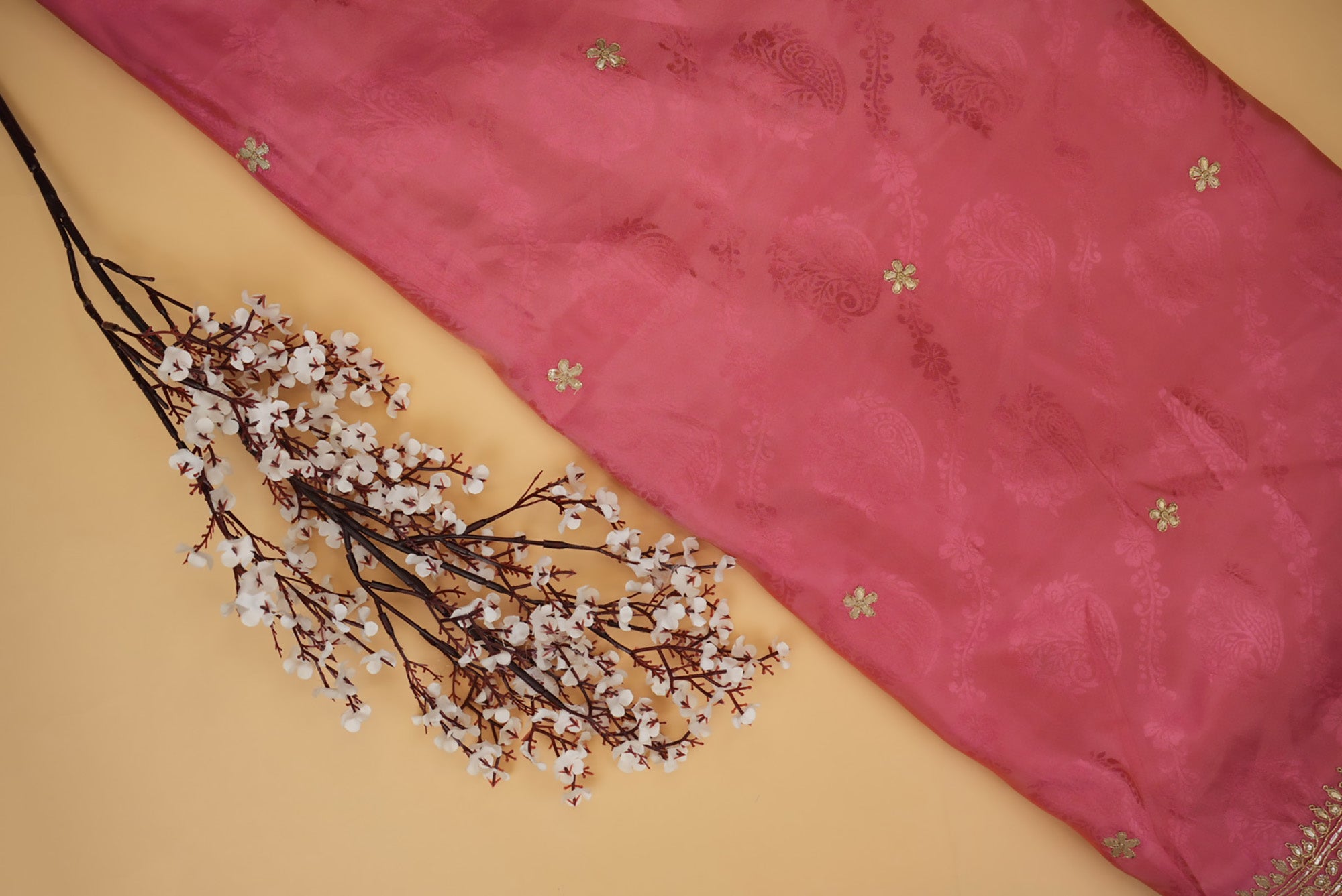 Gleaming Golden Floral Tissue with Zari Threadwork & Gota Patti