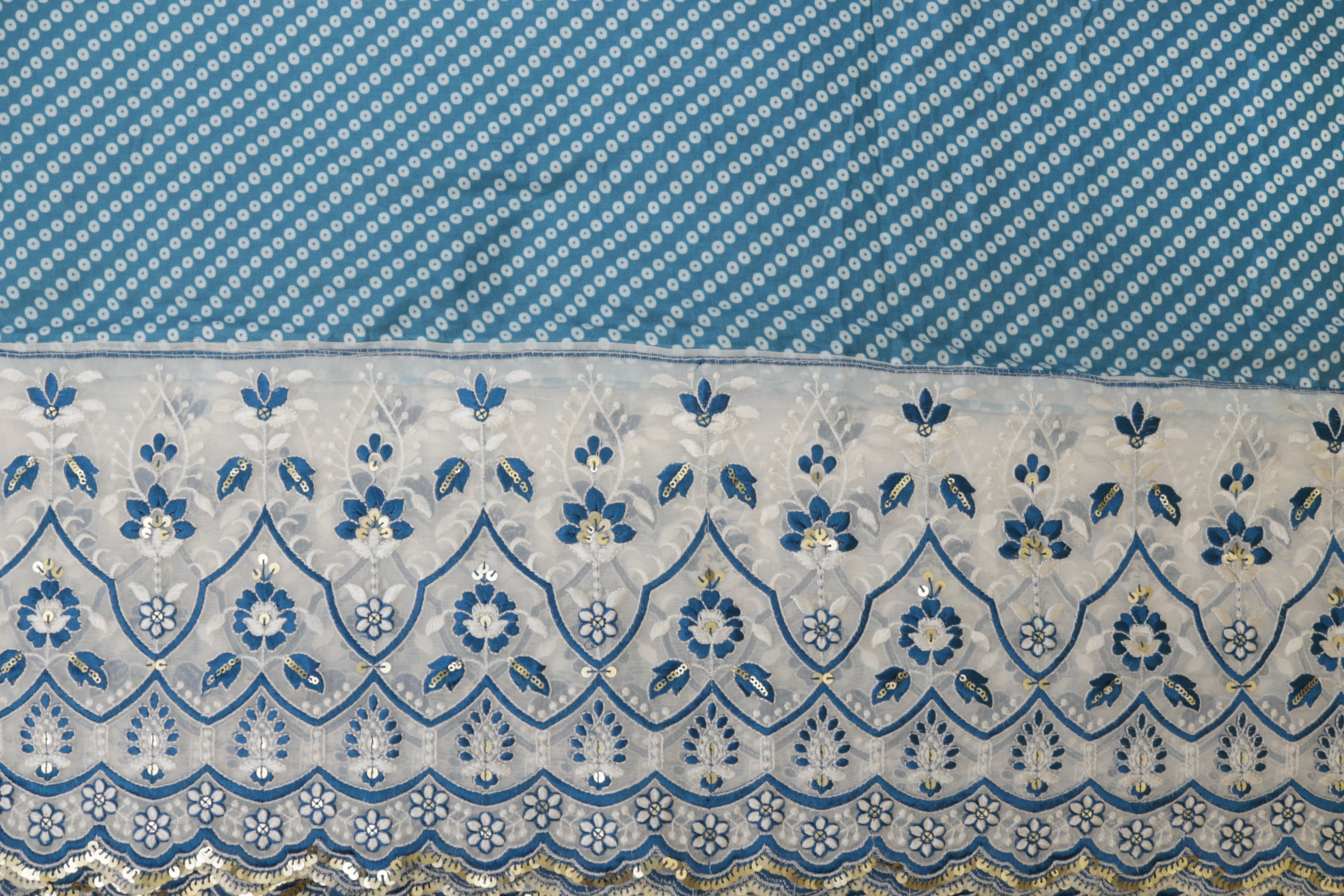 Blue Floral patten  with threadwork  and sequins all over on cotton fabric with border