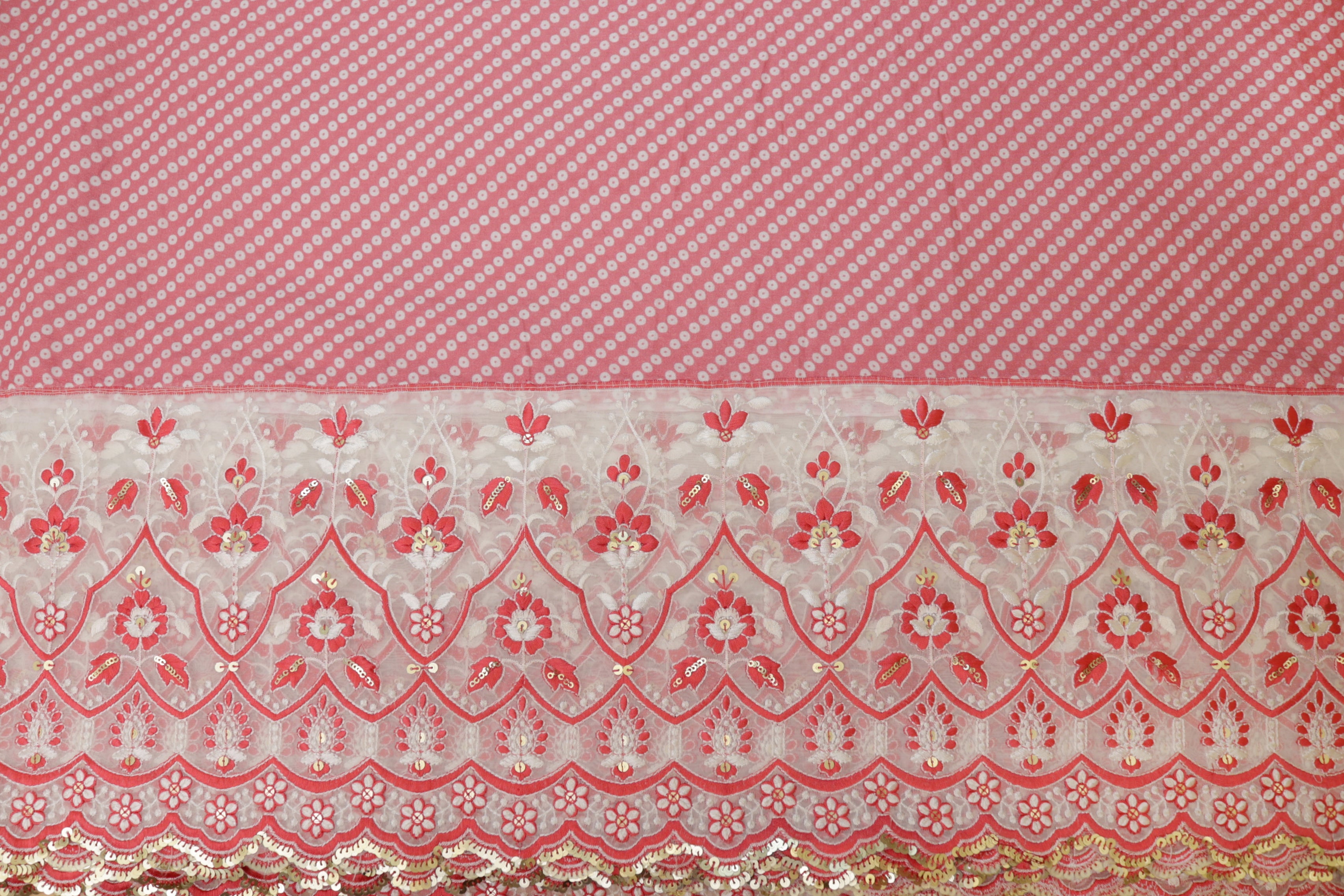 Pink Floral patten  with threadwork  and sequins all over on cotton fabric with border