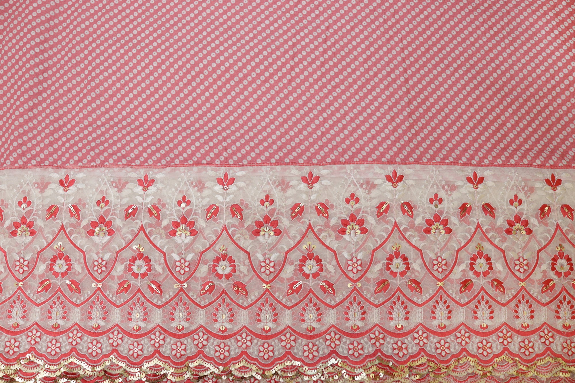 Pink Floral pattern with threadwork  and sequins all over on cotton fabric with border