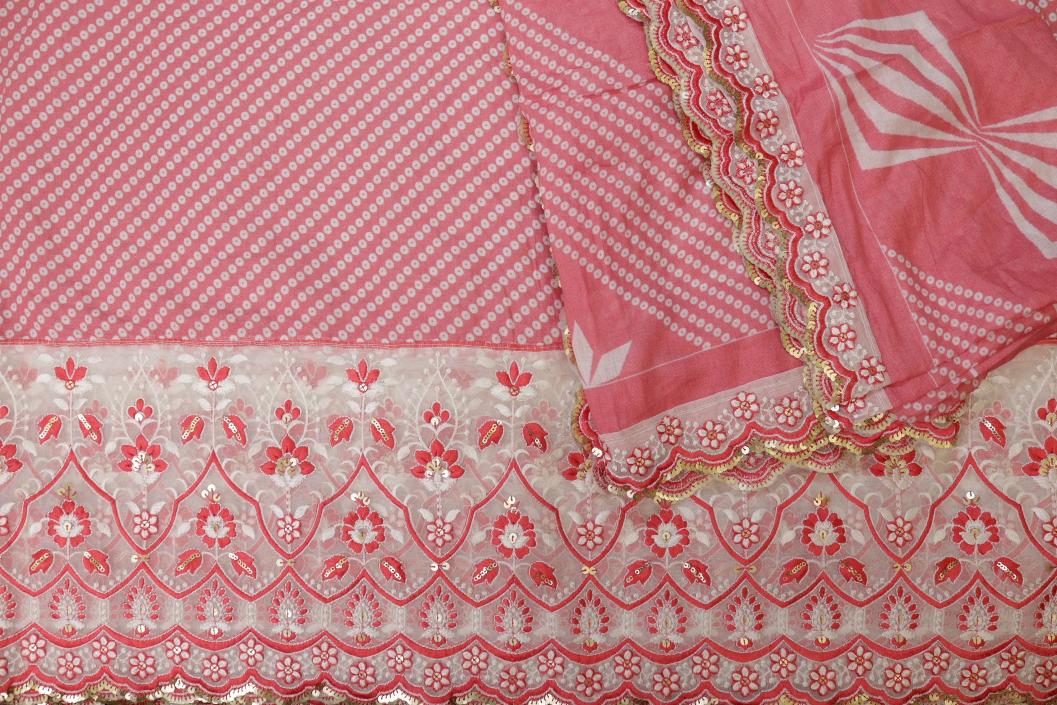 Pink Floral patten  with threadwork  and sequins all over on cotton fabric with border