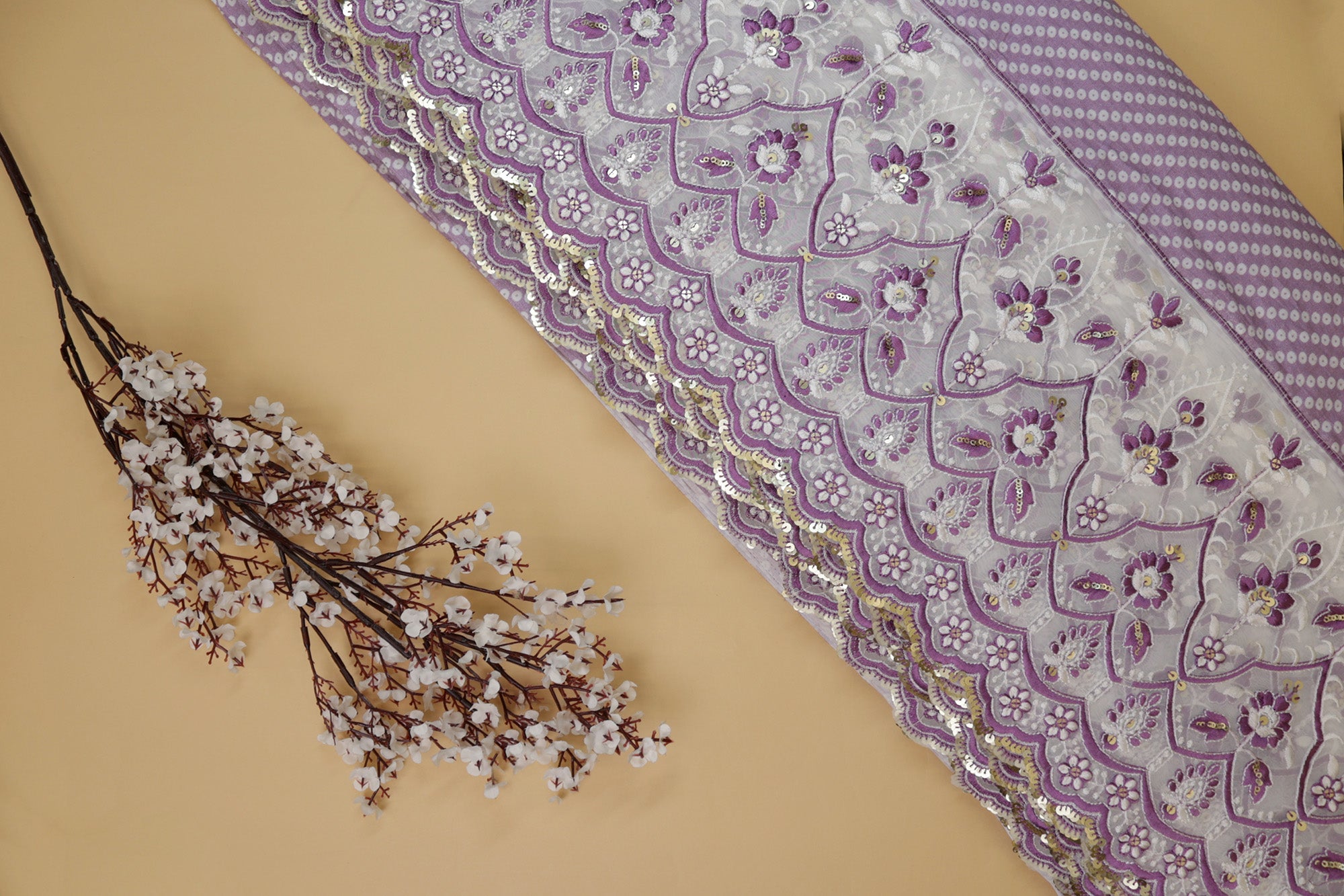 Purple Floral pattern with threadwork  and sequins all over on cotton fabric with border