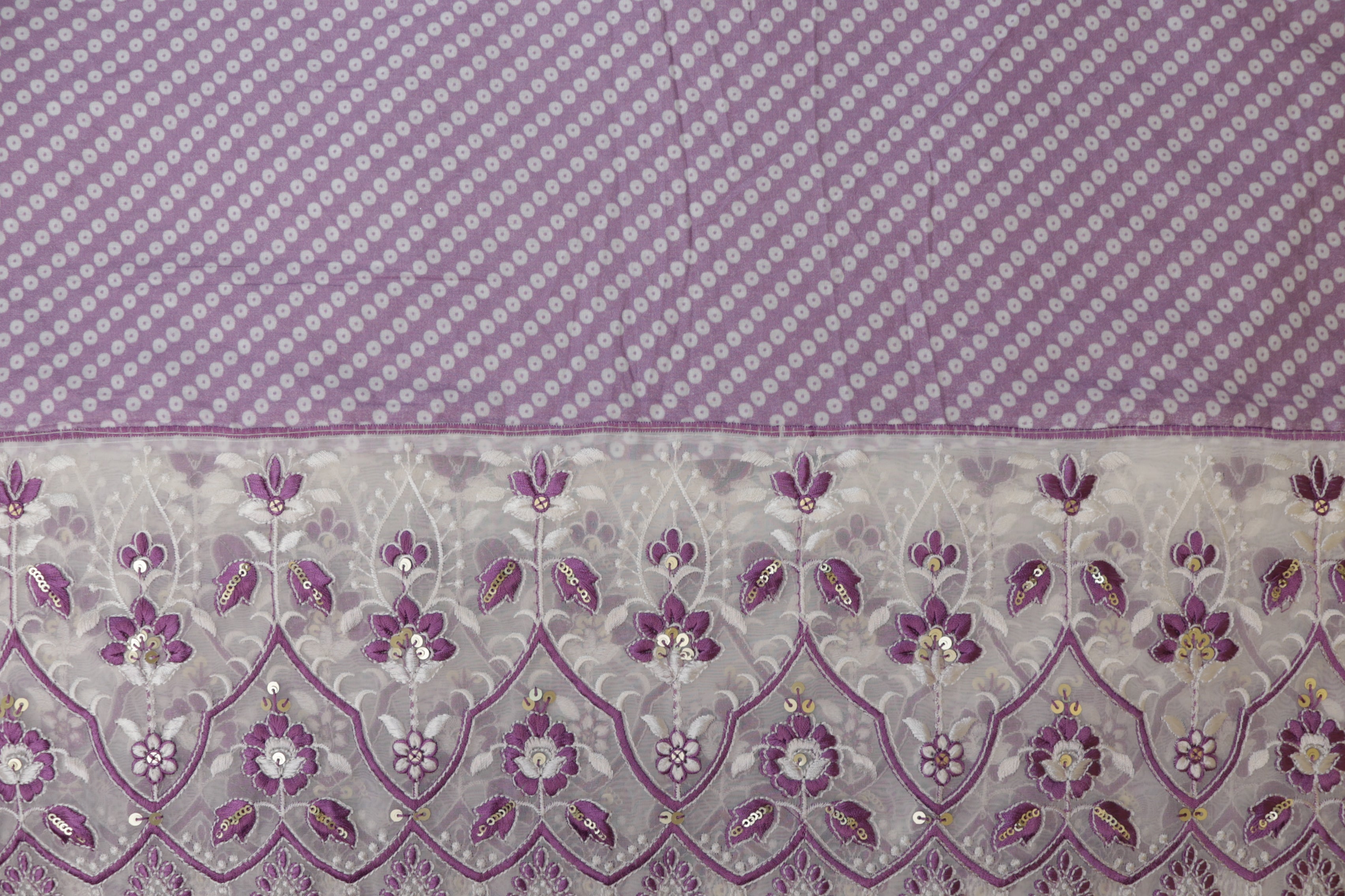 Purple Floral patten  with threadwork  and sequins all over on cotton fabric with border