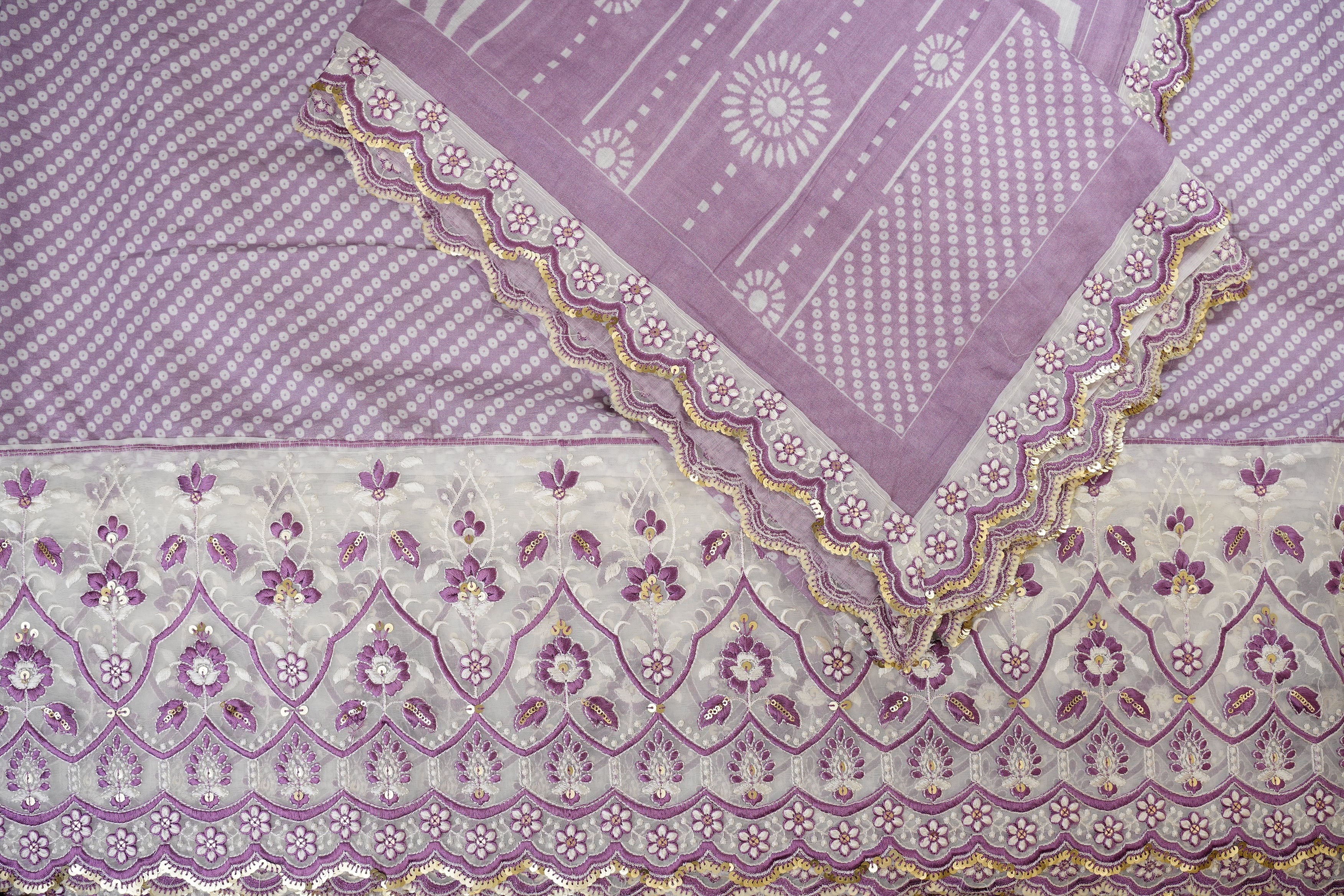 Purple Floral patten  with threadwork  and sequins all over on cotton fabric with border