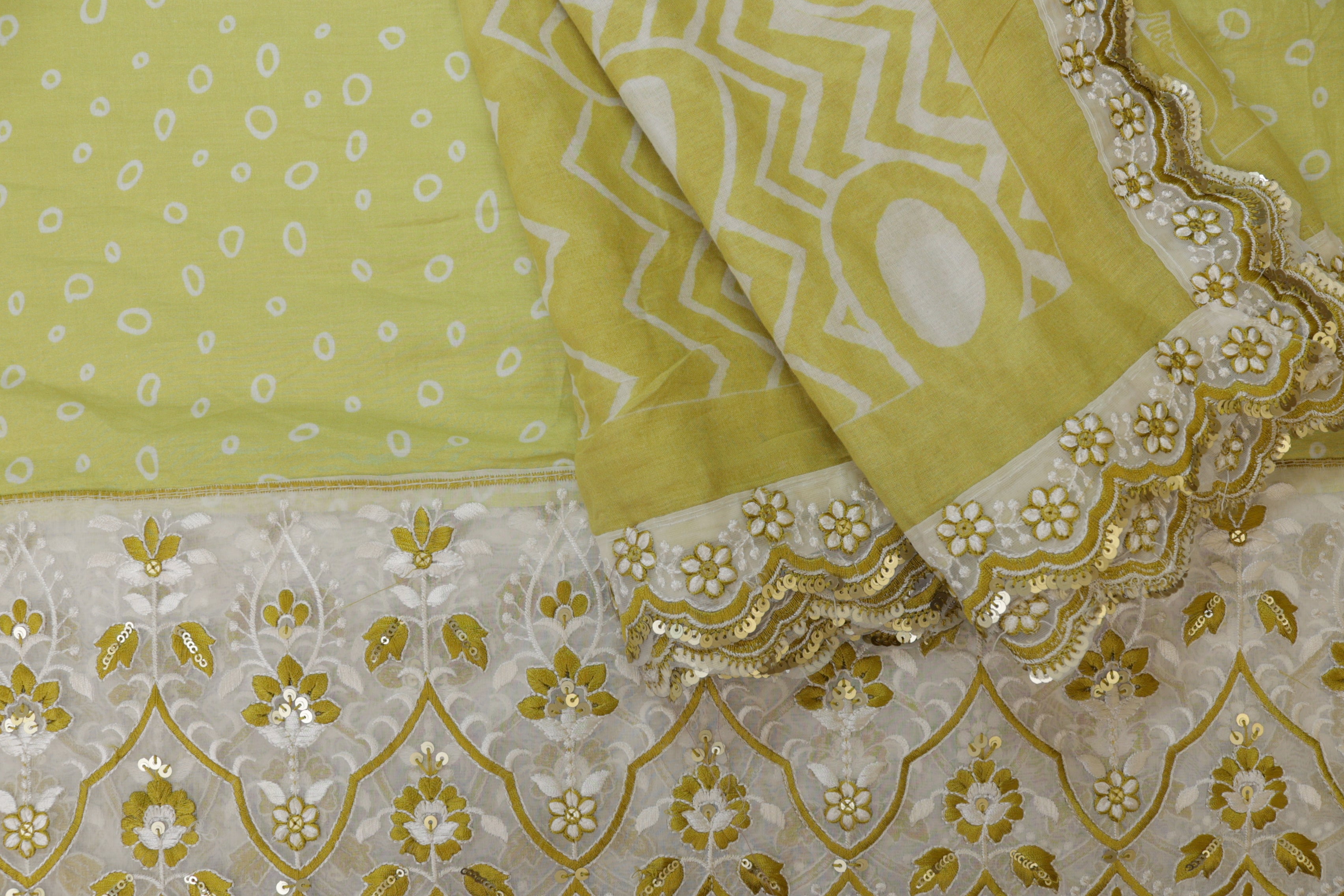 Light green Floral patten  with threadwork  and sequins all over on cotton fabric with border