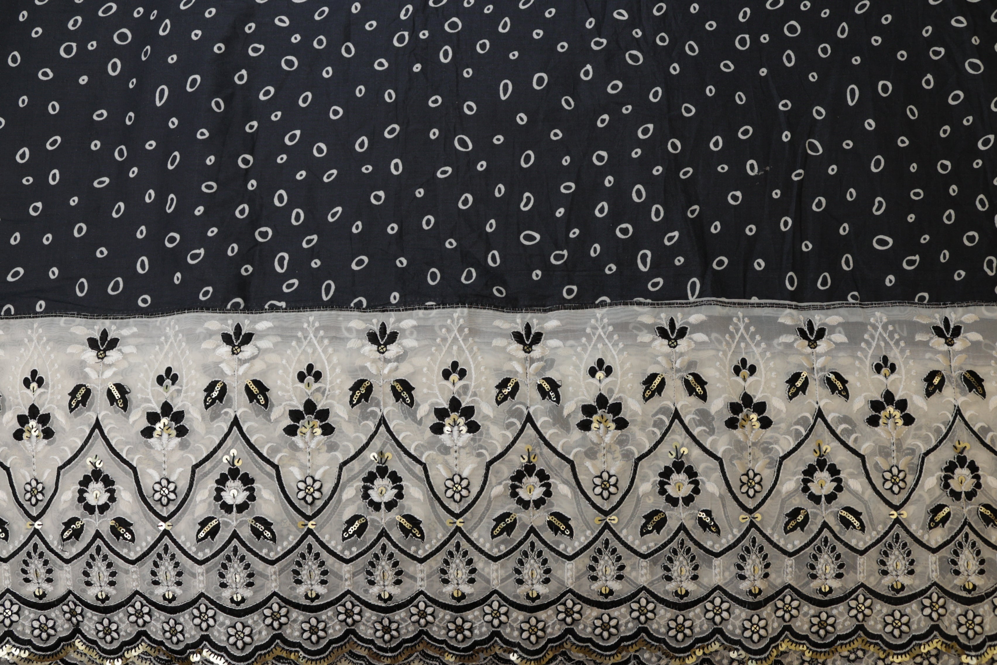 Black Floral patten  with threadwork  and sequins all over on cotton fabric with border