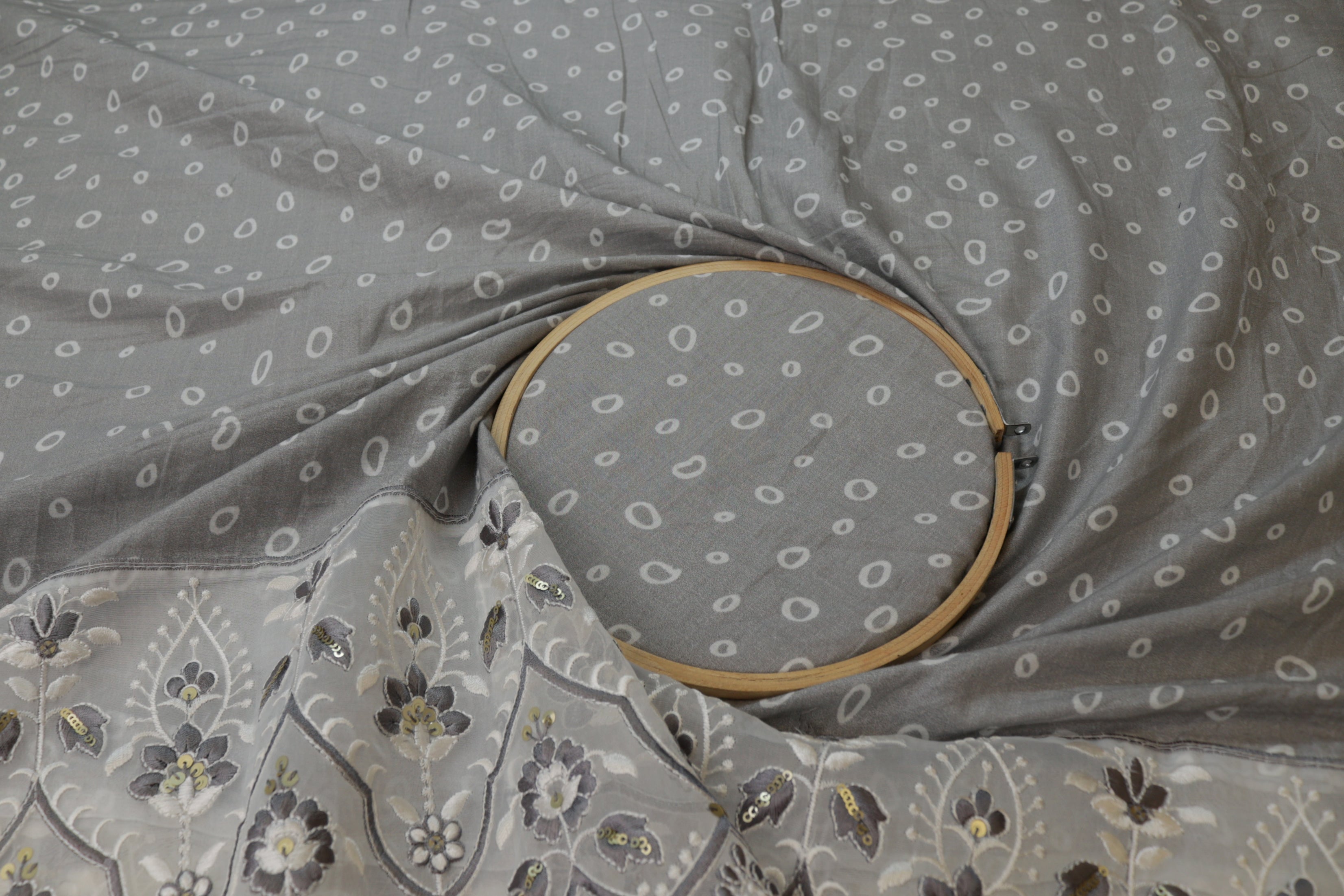 Grey Floral patten  with threadwork  and sequins all over on cotton fabric with border