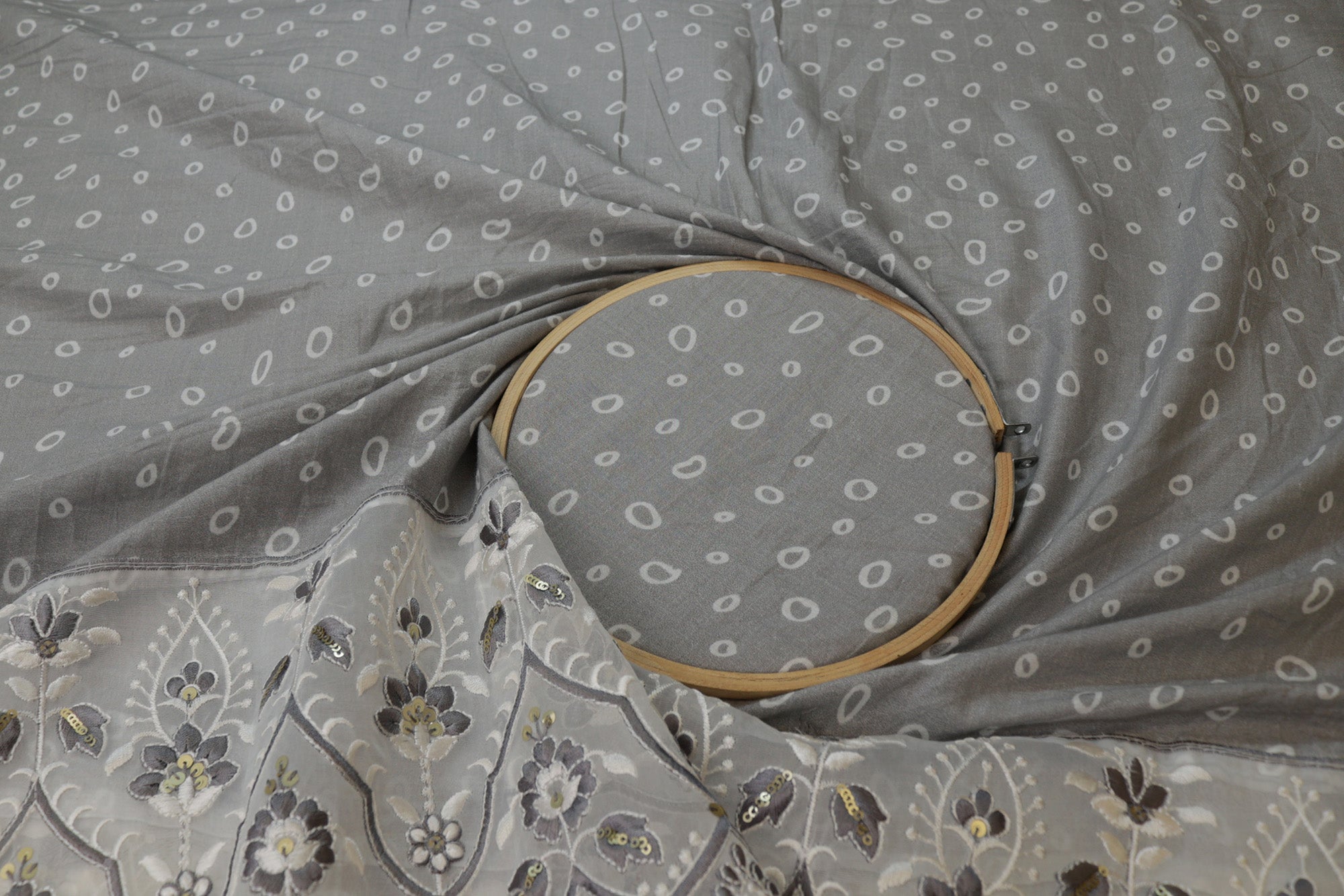 Grey Floral pattern with threadwork  and sequins all over on cotton fabric with border