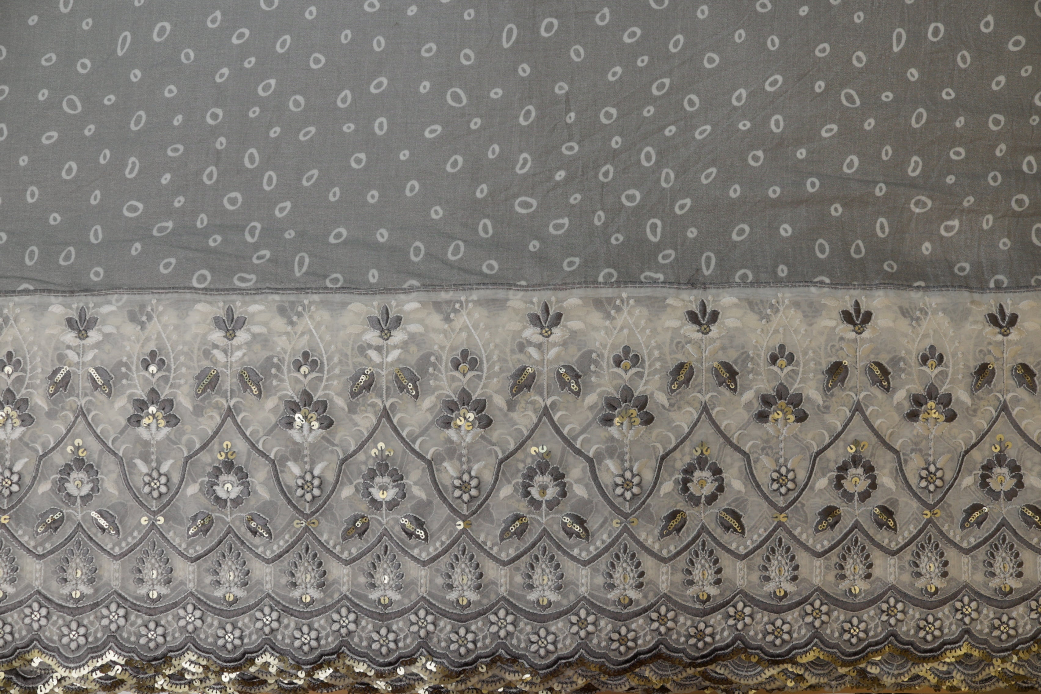 Grey Floral patten  with threadwork  and sequins all over on cotton fabric with border