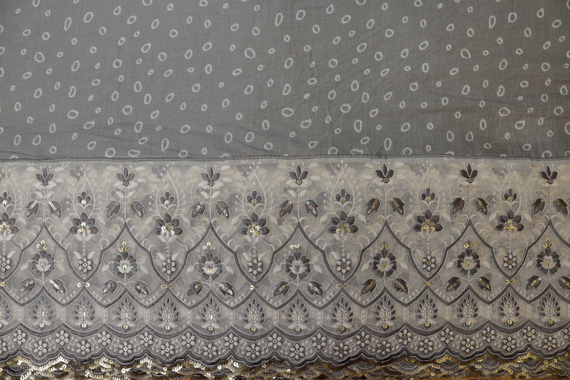 Grey Floral pattern with threadwork  and sequins all over on cotton fabric with border