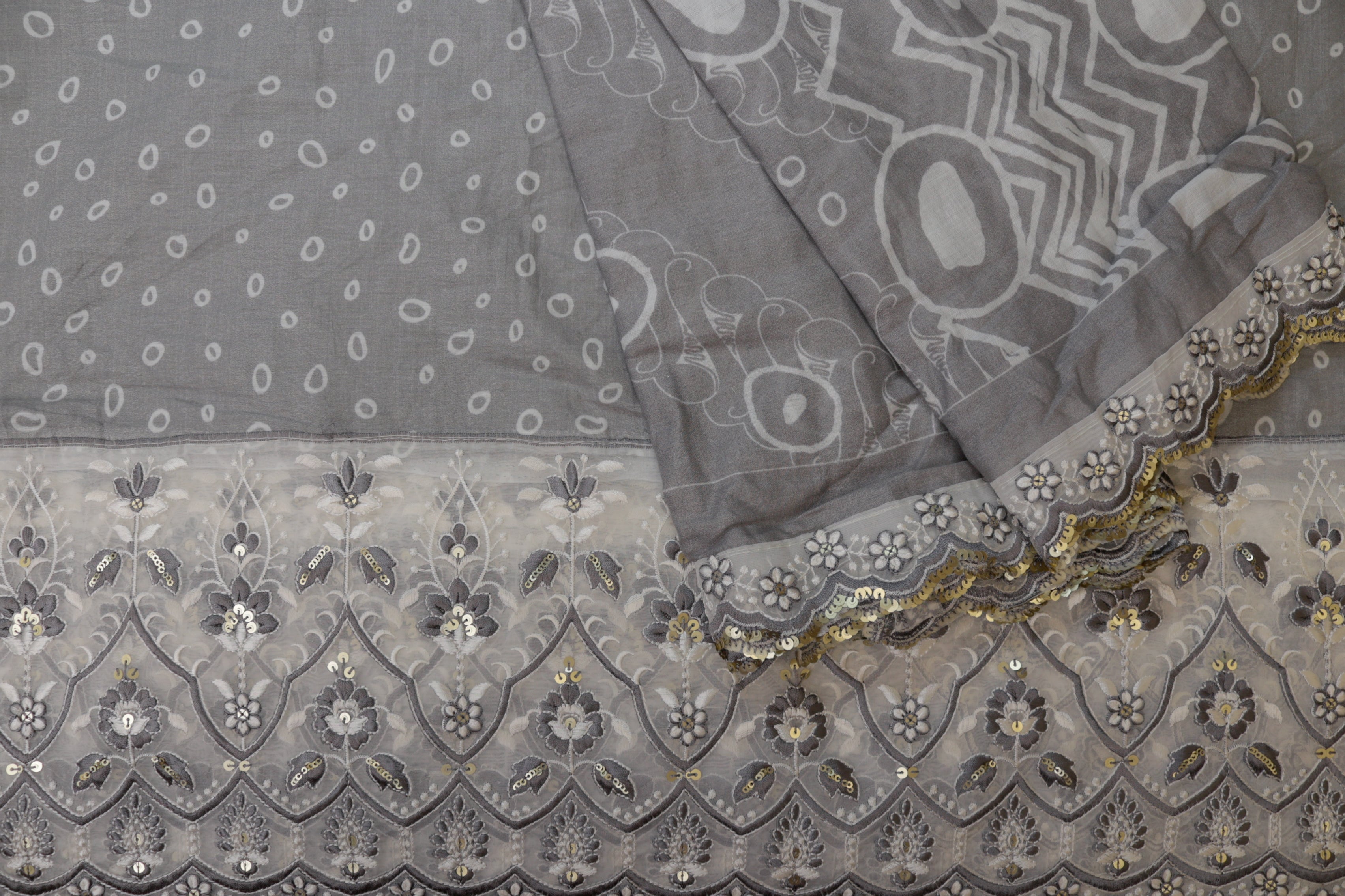 Grey Floral patten  with threadwork  and sequins all over on cotton fabric with border