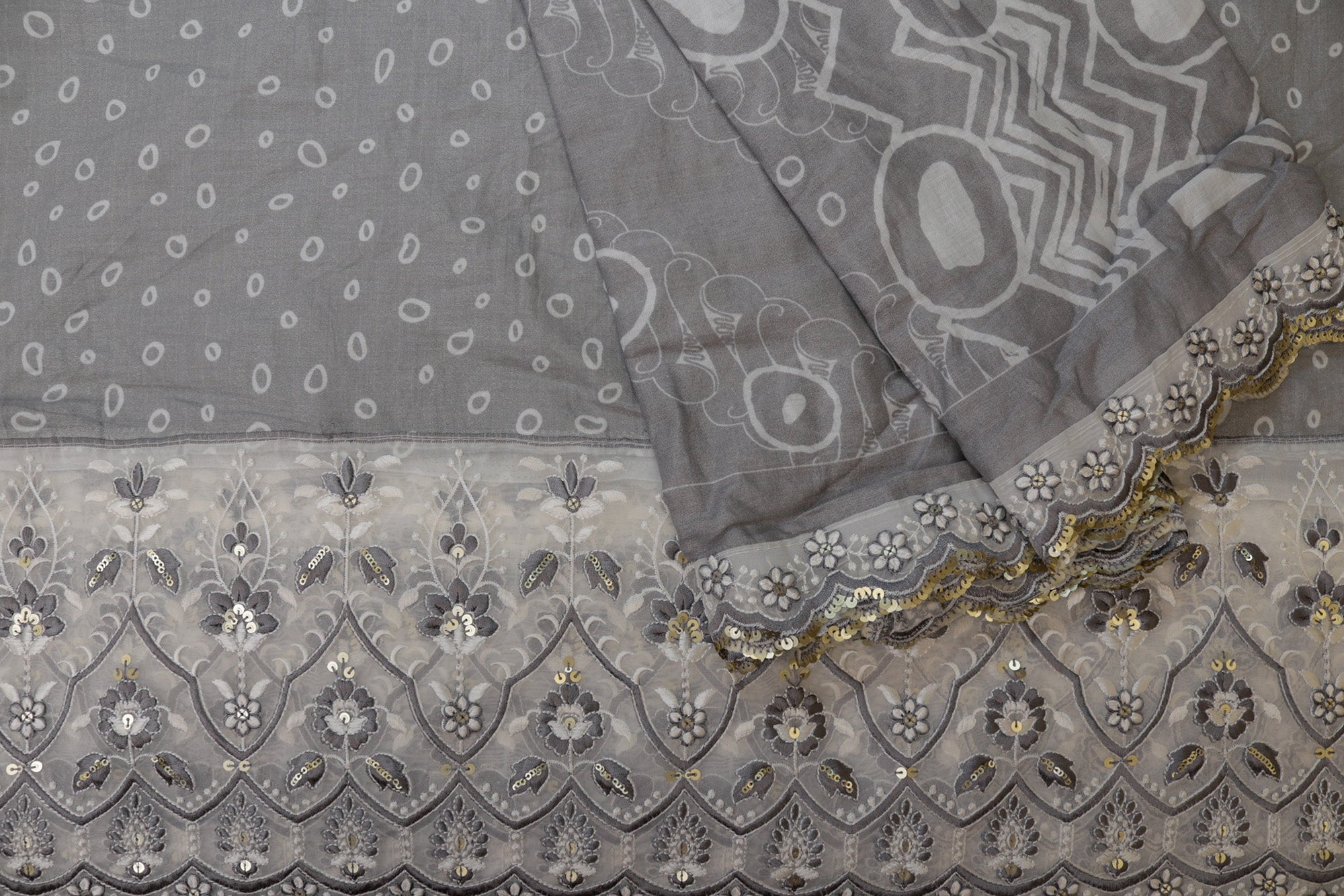 Grey Floral pattern with threadwork  and sequins all over on cotton fabric with border