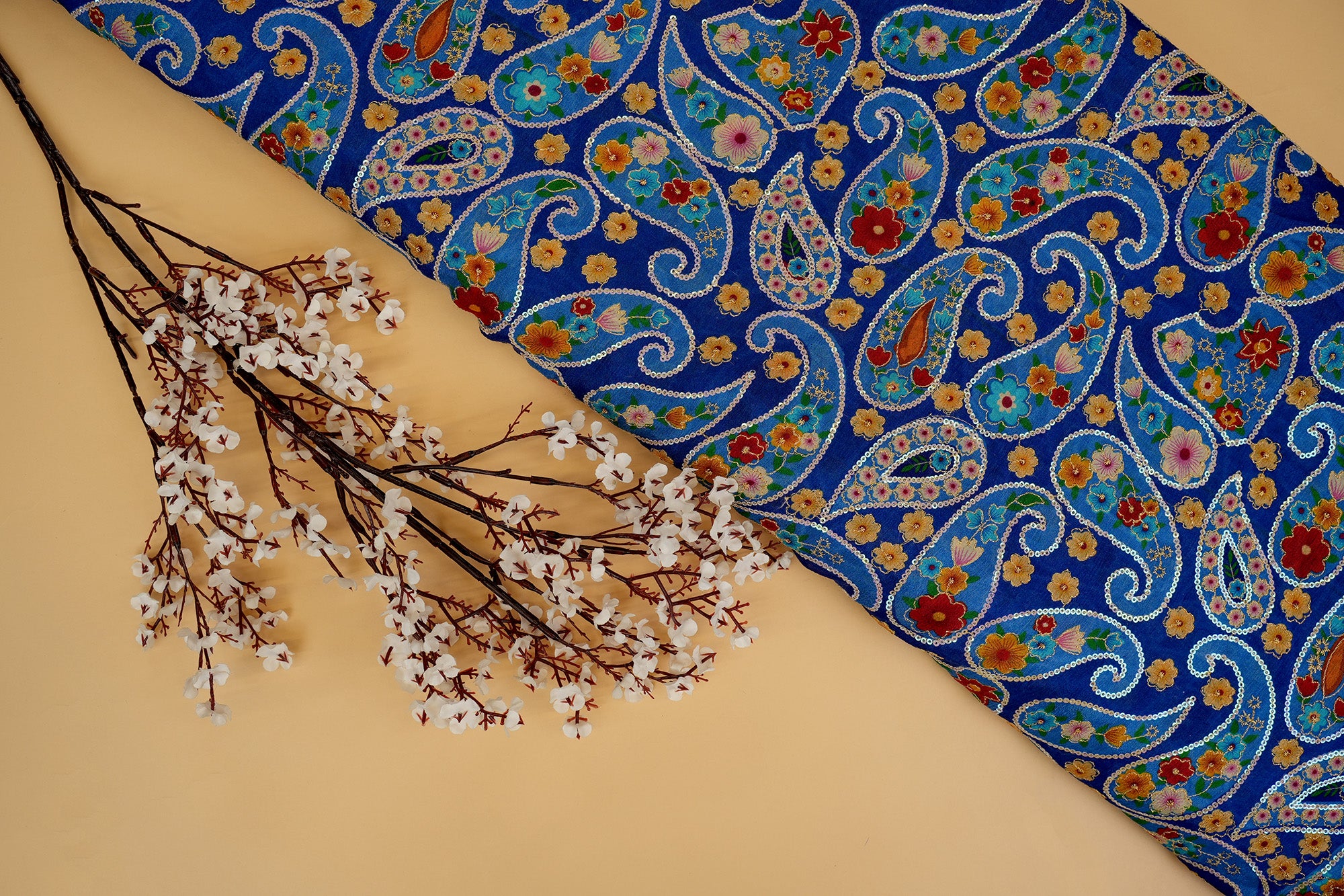 Blue Paisley Chiffon with Rainbow Sequins & Zari Embroidery