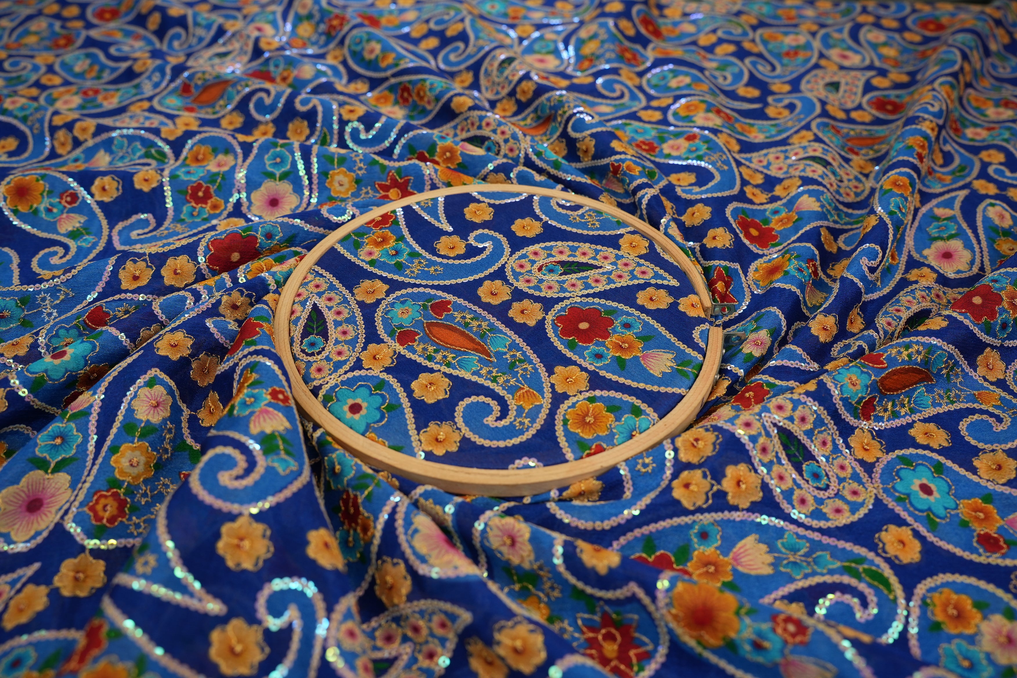 Blue Paisley Chiffon with Rainbow Sequins & Zari Embroidery