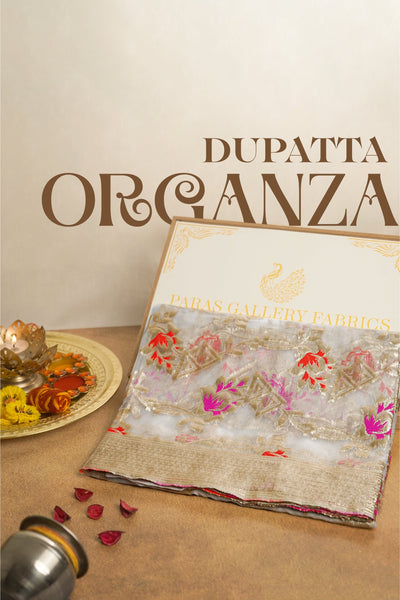 White Dyeable Organza Dupatta With All Over Thread And Zari Handloom 079-6