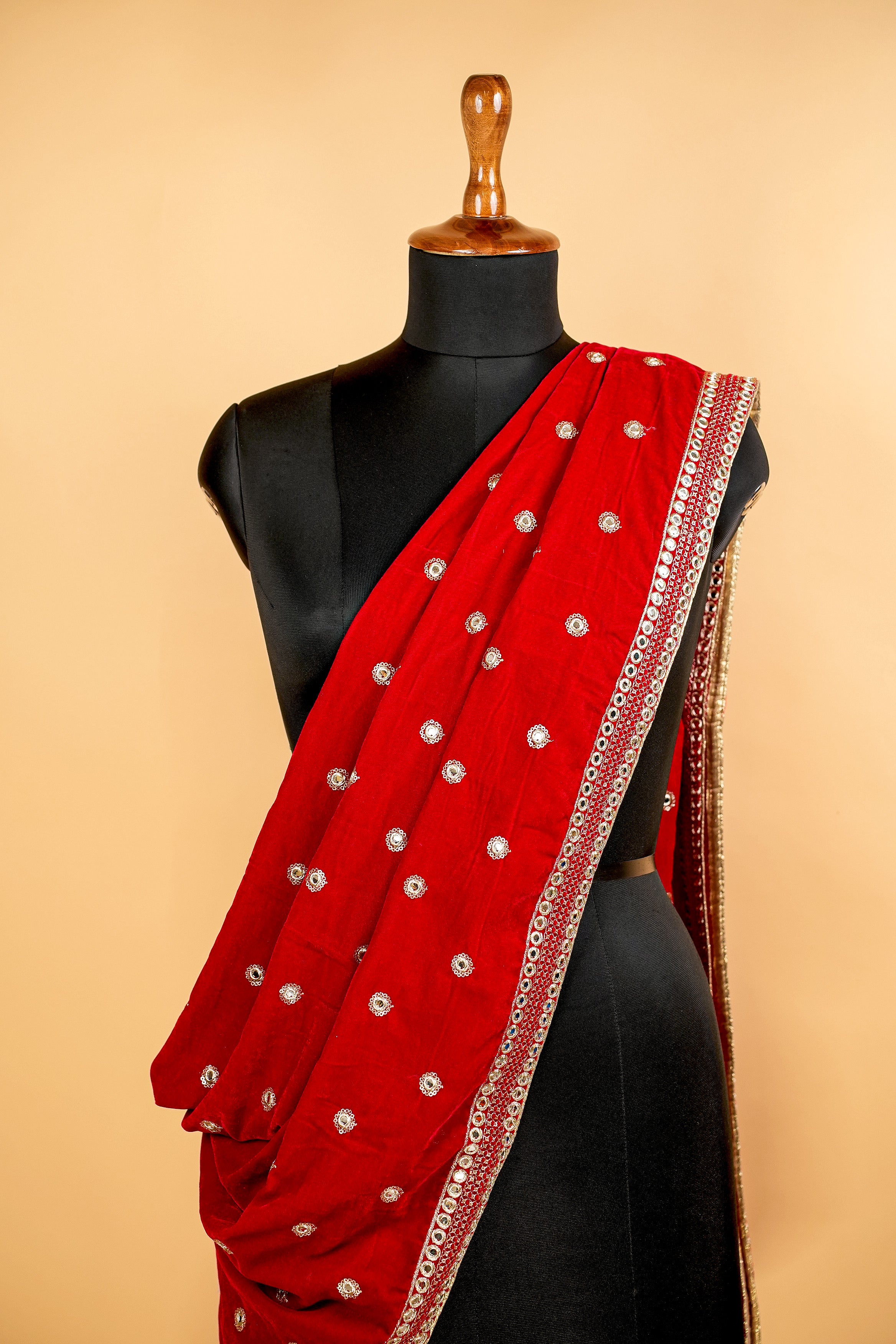 Red Dupatta With Zari,Sequins and Mirror Work with Border