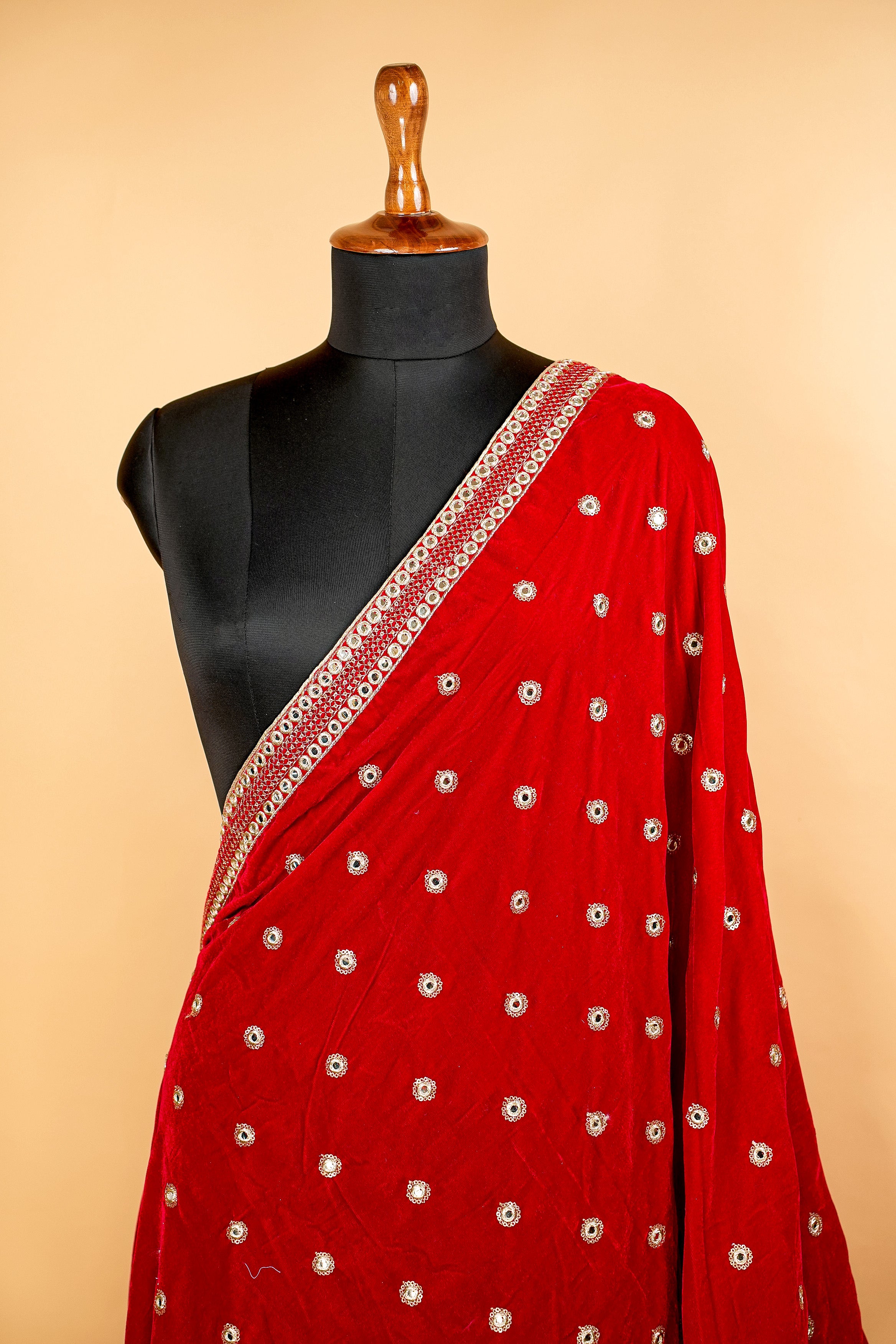 Red Dupatta With Zari,Sequins and Mirror Work with Border