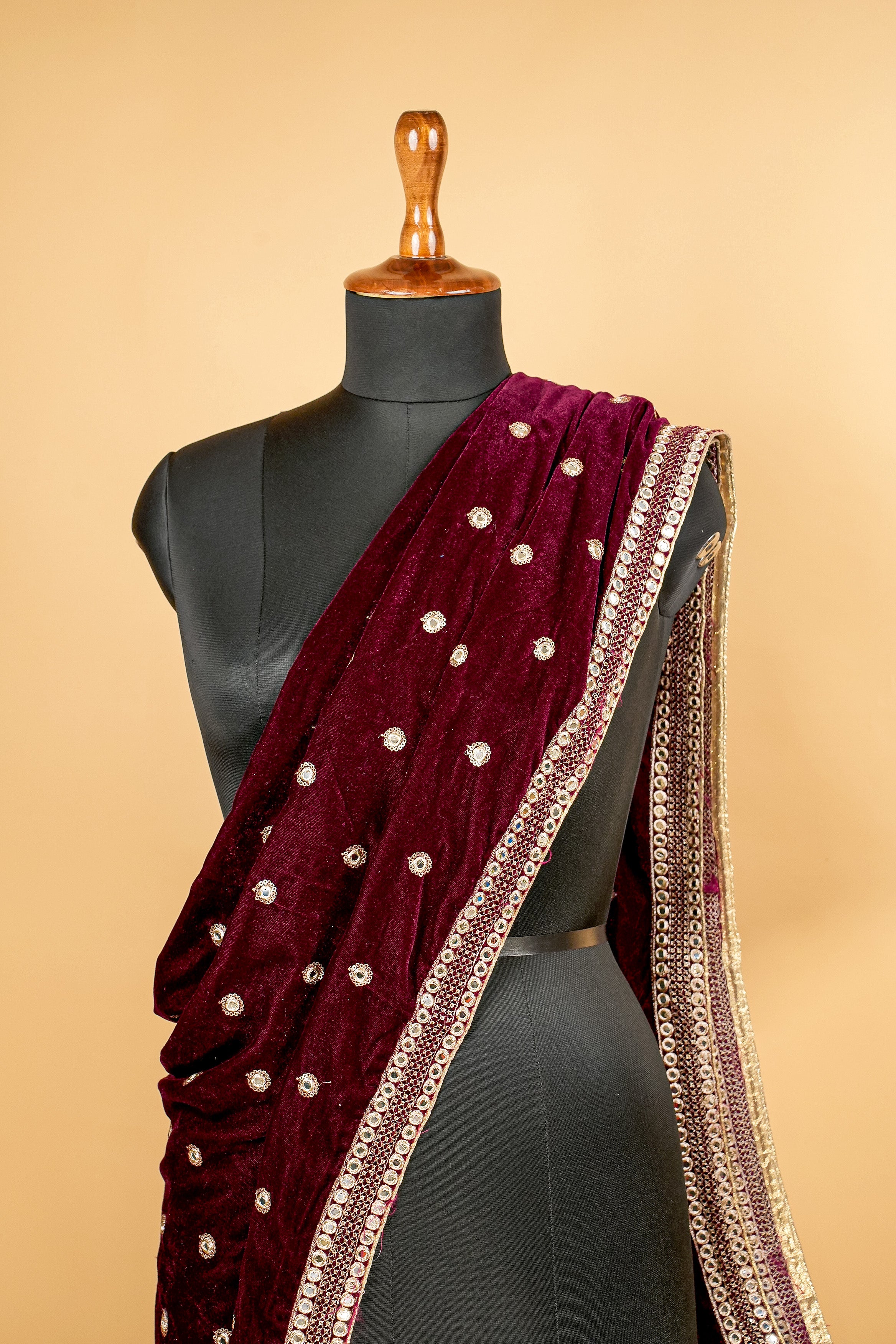 Wine Dupatta With Zari,Sequins and Mirror Work with Border