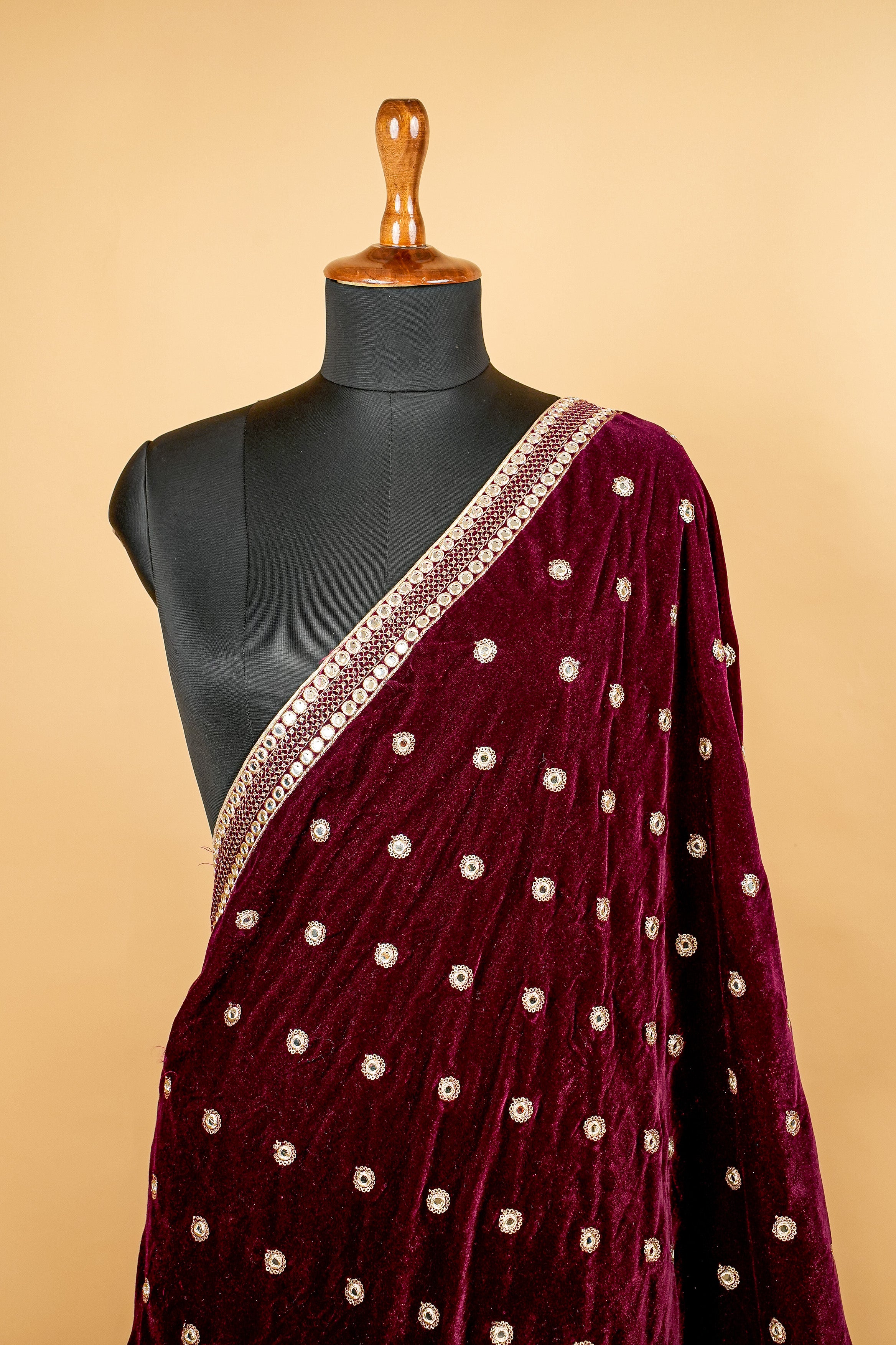 Wine Dupatta With Zari,Sequins and Mirror Work with Border