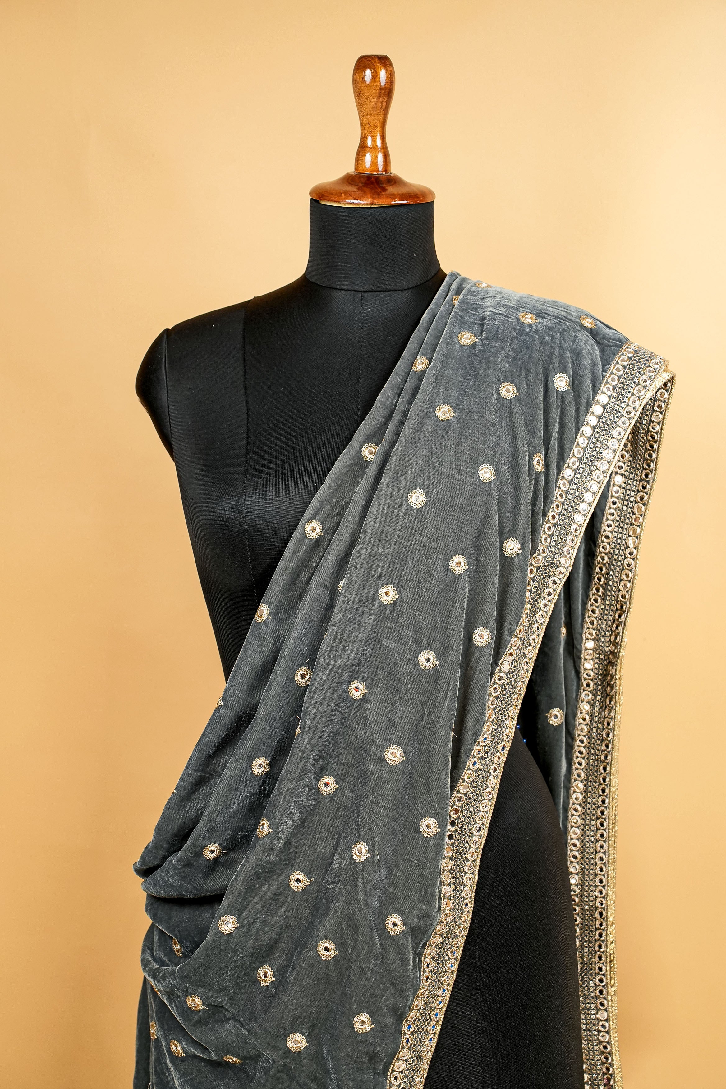 Grey Colour Dupatta With Zari,Sequins and Mirror Work with Border